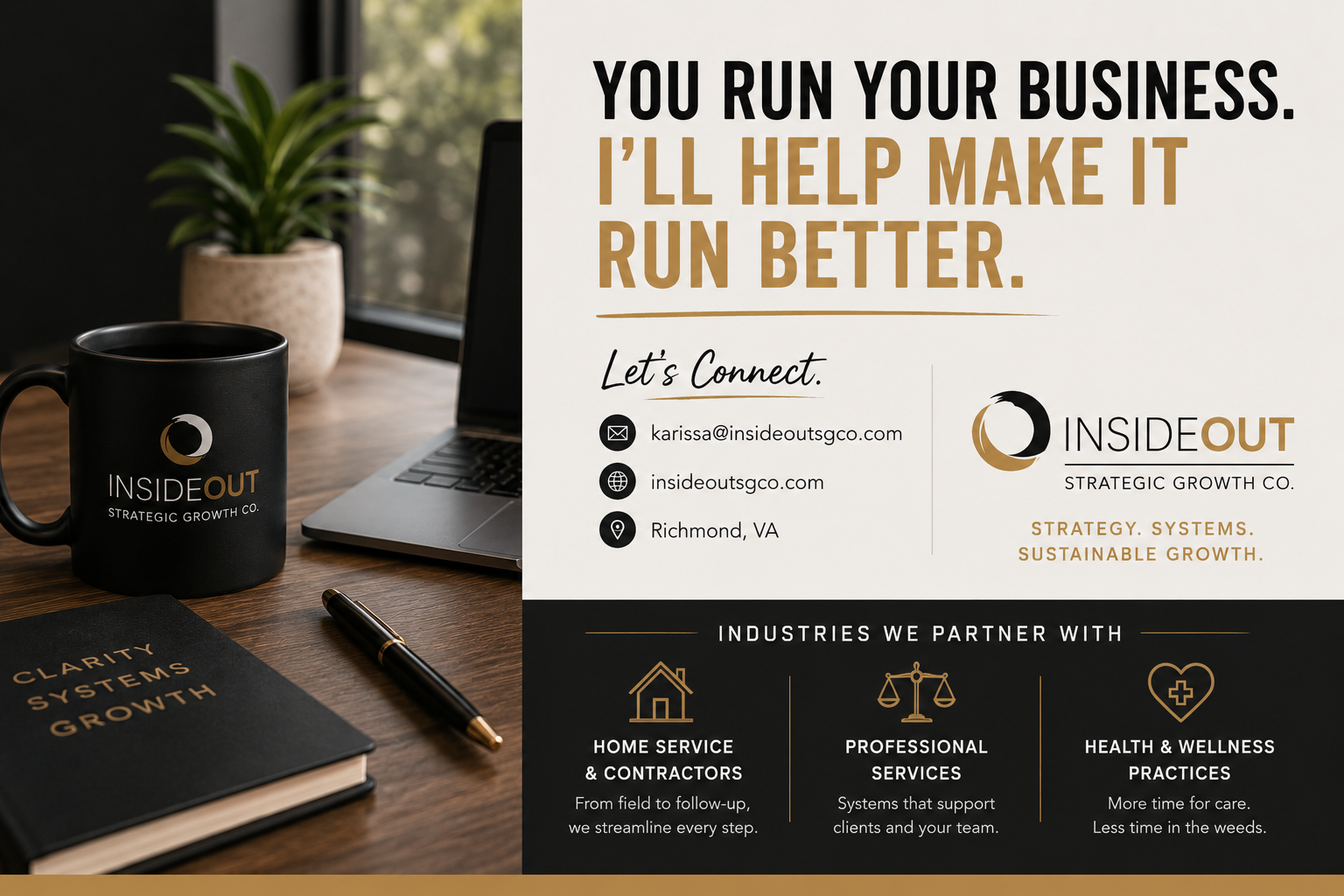 A promotional flyer for Inside Out Strategic Growth Co., showing contact information and partnership services with Karissa Bentley