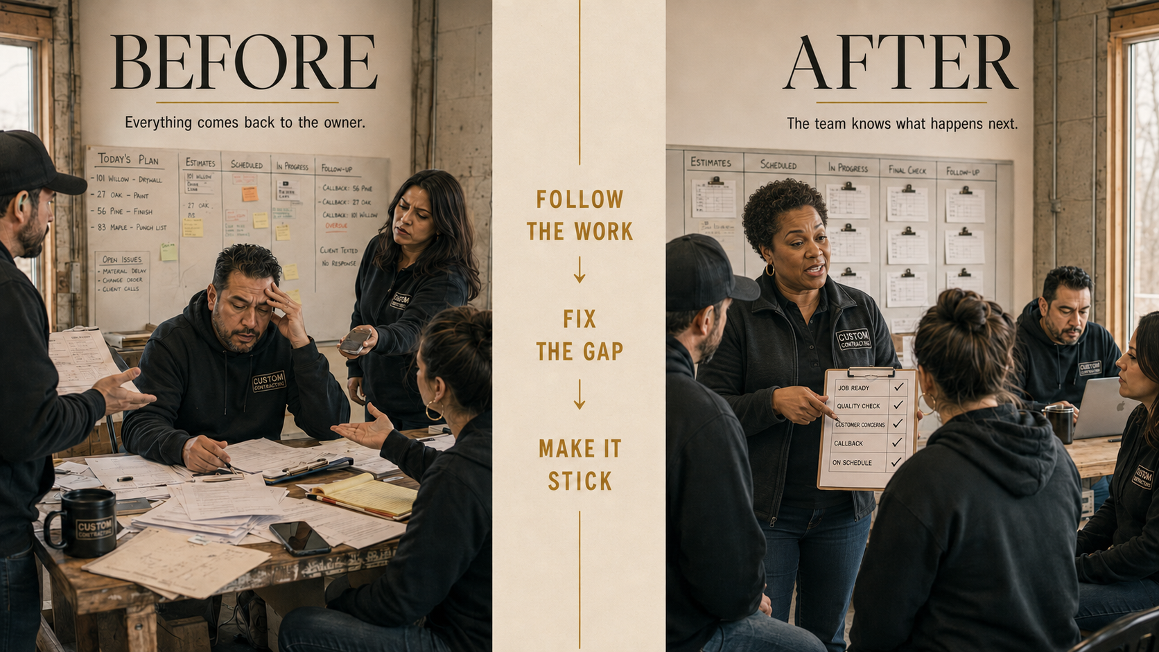 Before-and-after contractor workflow showing owner-dependent chaos replaced by clear job stages, quality checks, and team accountability.