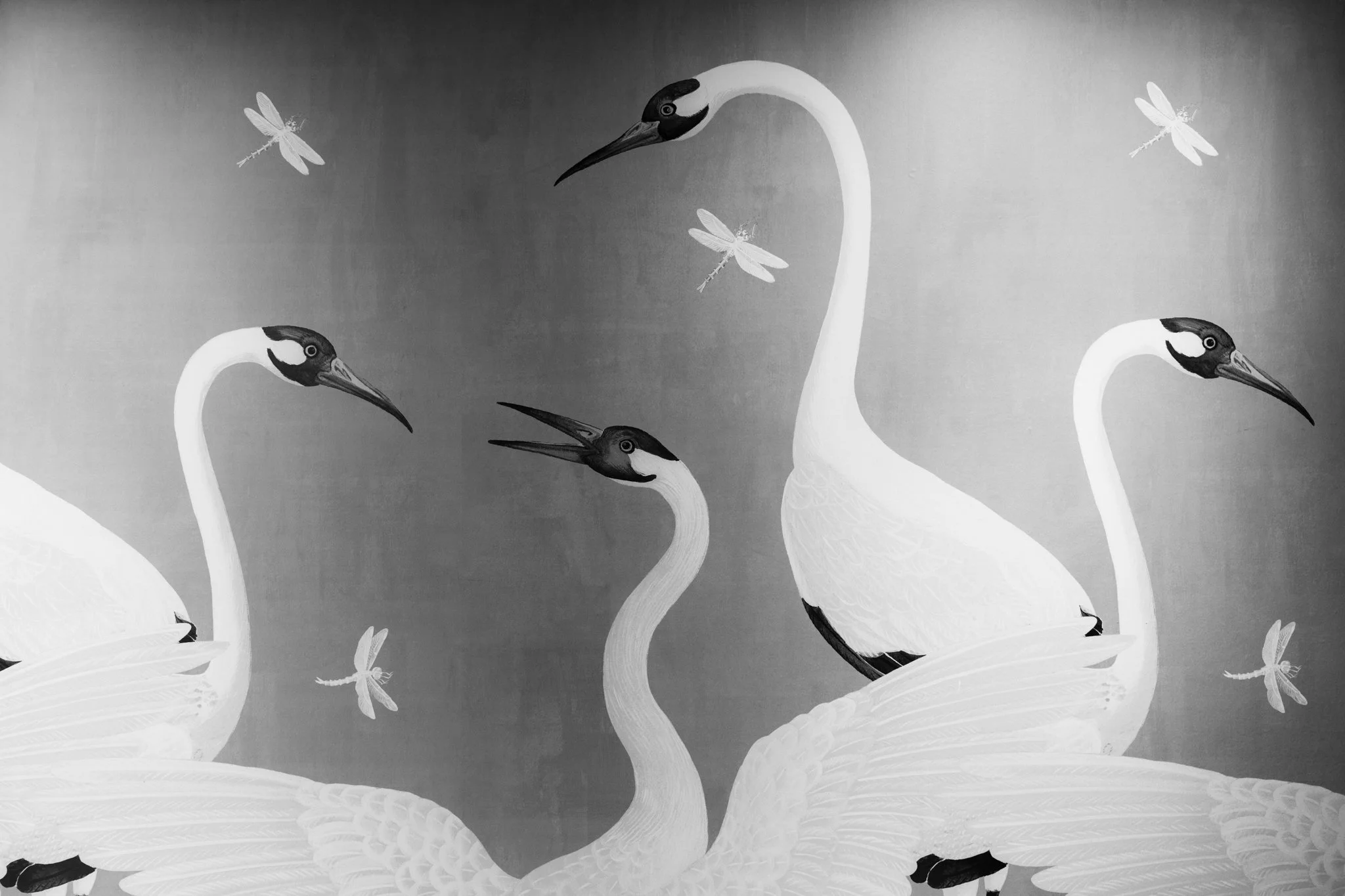 Schwarz-weiße Wandmalerei mit Kranichen und Libellen.