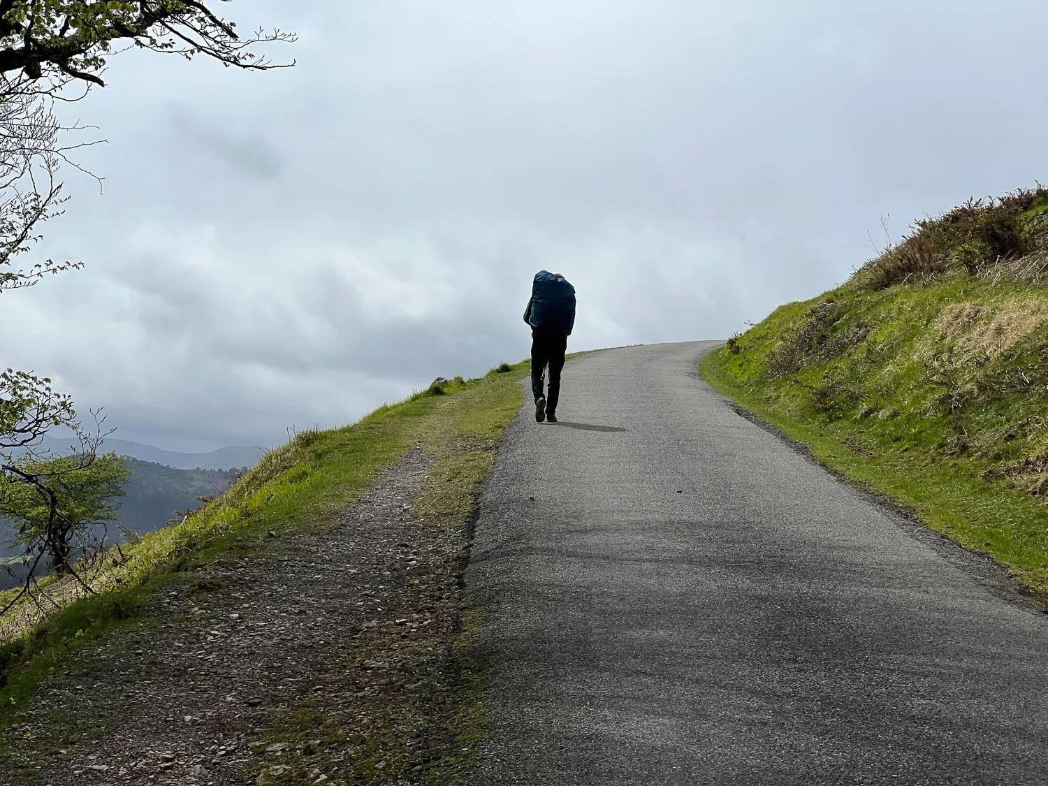 A person wearing a backpack walking up a winding mountain road with grassy sides and overcast sky along the Camino Francés near the French Spanish border