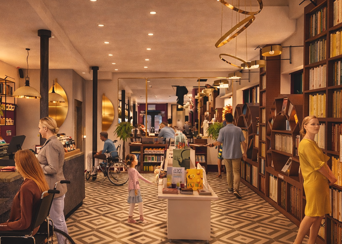 Intérieur d'une librairie ou d'une boutique avec des étagères remplies de livres, plusieurs personnes font leurs achats, une personne en fauteuil roulant et une jeune fille avec une robe rose sont visibles, ambiance chaleureuse et moderne.