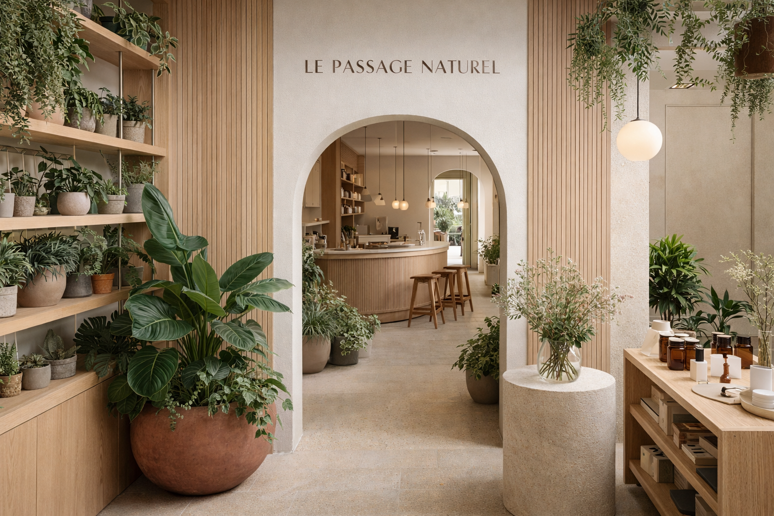 Intérieur d'un café ou d'une boutique avec décoration naturelle, contenant des plantes vertes, des meubles en bois clair, et un comptoir au fond.