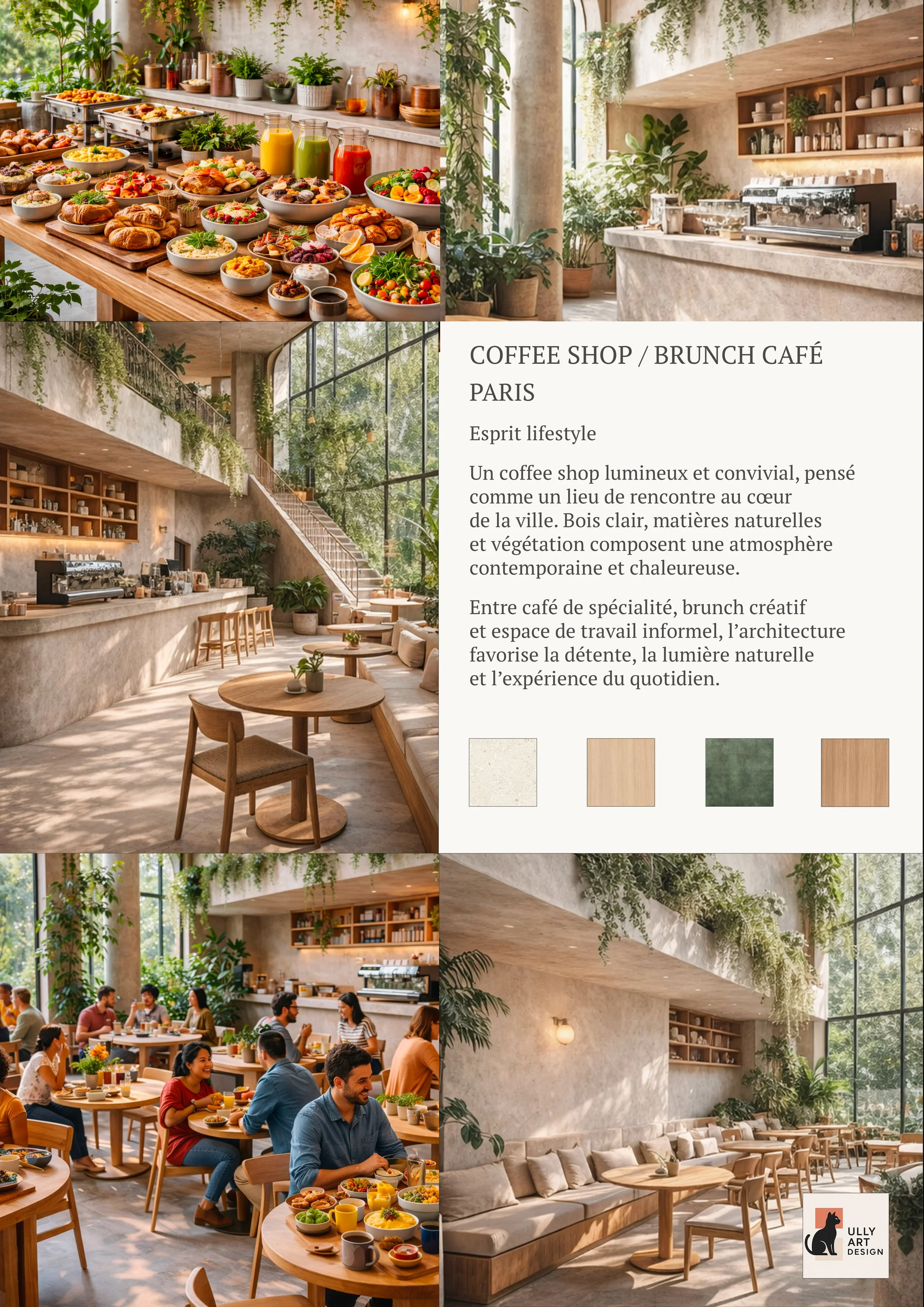 Image d'un intérieur lumineux d'une cafétéria avec des plantes vertes, un comptoir de café élégant, des tables en bois et des clients dégustant leur repas.