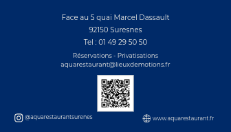 Carte de visite avec adresse, téléphone, QR code, et informations de réservation pour un restaurant à Suresnes, France.