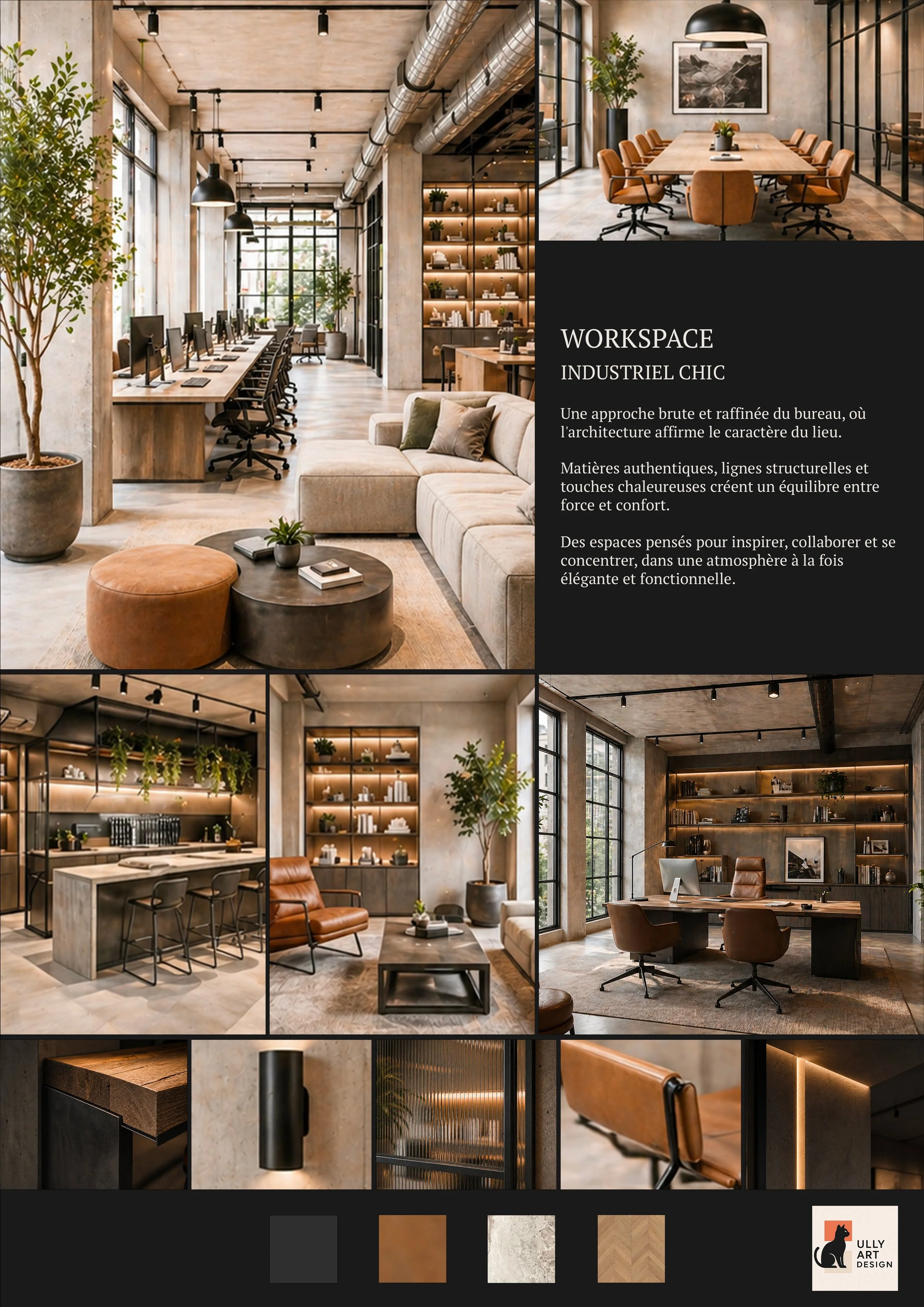 Un espace de travail industriel chic avec des murs en béton apparent, des étagères en métal noir avec des plantes vertes et des livres, de grandes fenêtres laissant entrer la lumière naturelle, un mobilier en cuir marron et en bois, et une ambiance moderne et élégante.