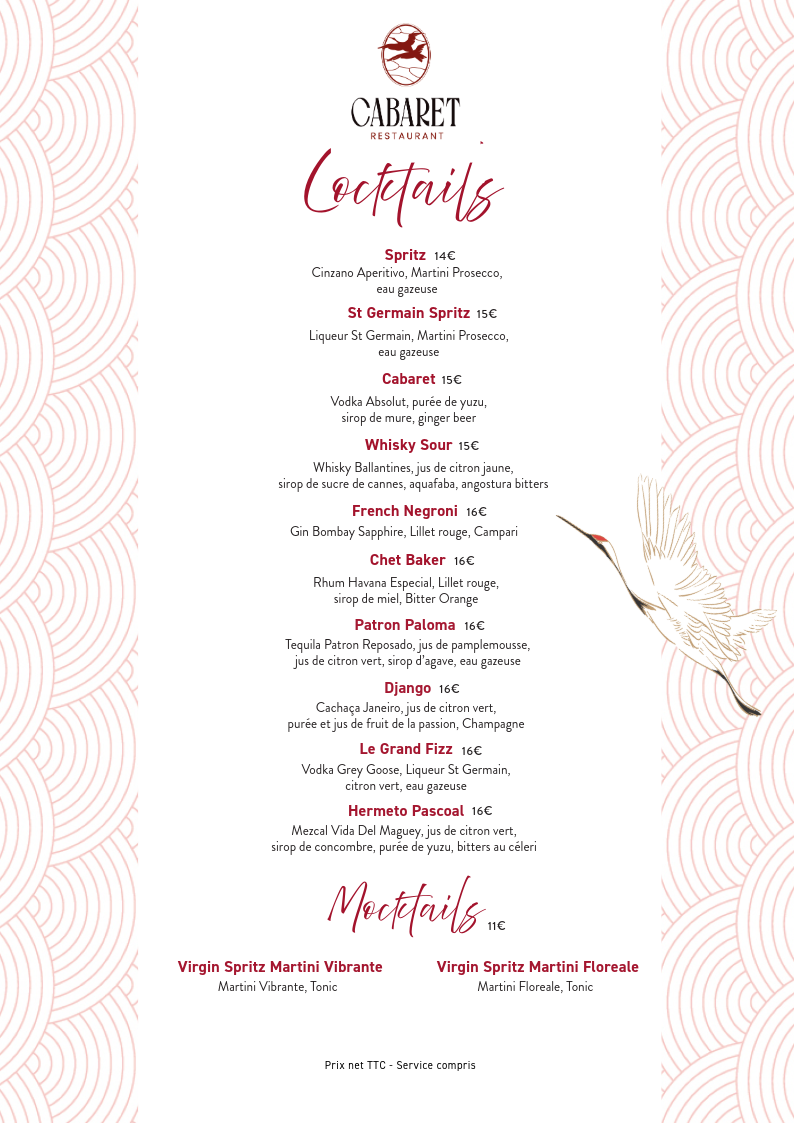 Menu de cocktails avec une liste de boissons et leurs descriptions, décoration dans un thème élégant avec un oiseau stylisé.