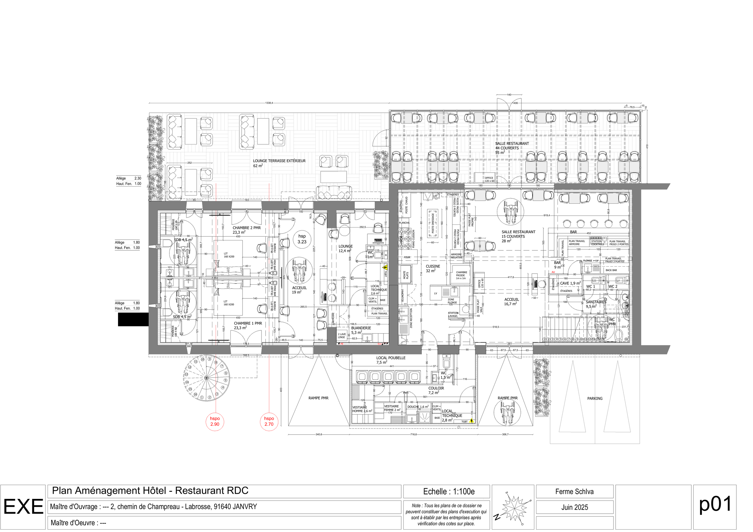 Plan architectural détaillé d'un hôtel avec chambres, zones de réception, cuisine, restaurant, terrasse extérieure, parking, et diverses zones techniques. Le plan est en noir et blanc avec annotations en français.