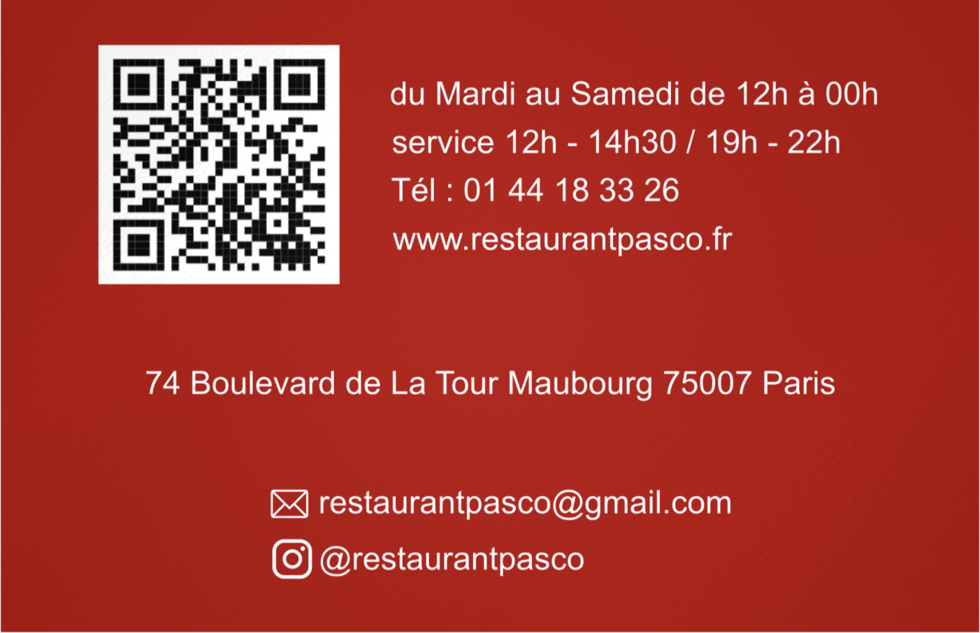 Carte de visite pour un restaurant avec un code QR, informations d'horaires, téléphone, site web, adresse, email et réseaux sociaux, sur un fond rouge