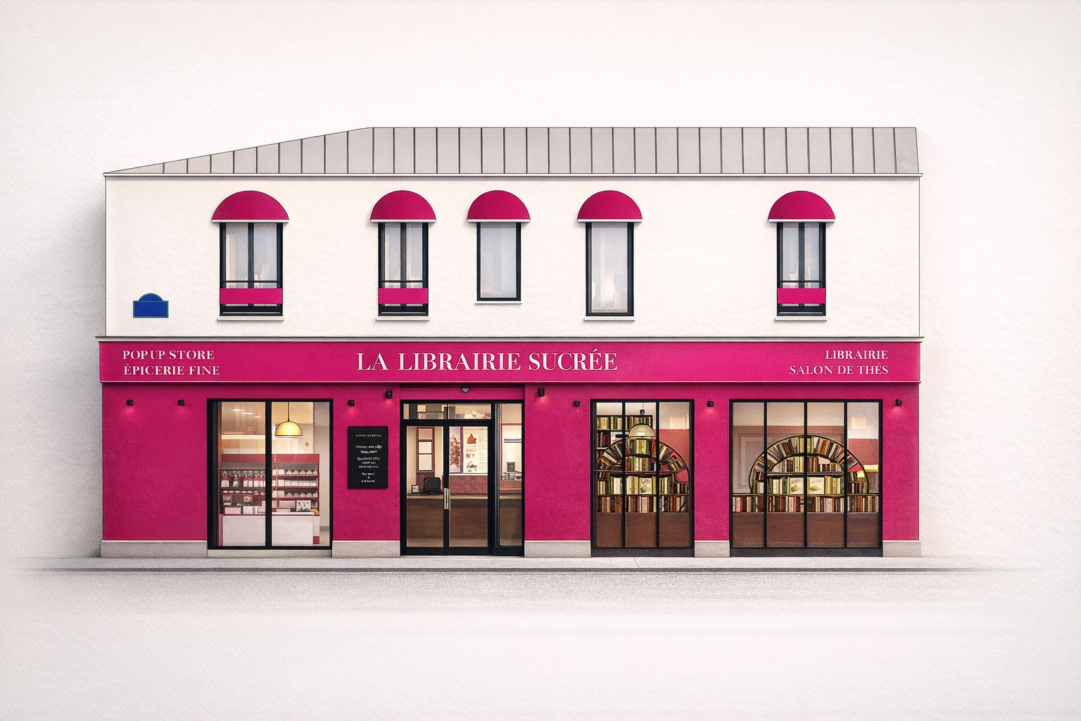 Façade de boutique rose nommée "La Librairie Sucrée" avec fenêtres, enseignes et intérieur visible, située dans un bâtiment à trois étages avec fenêtres à volets rose