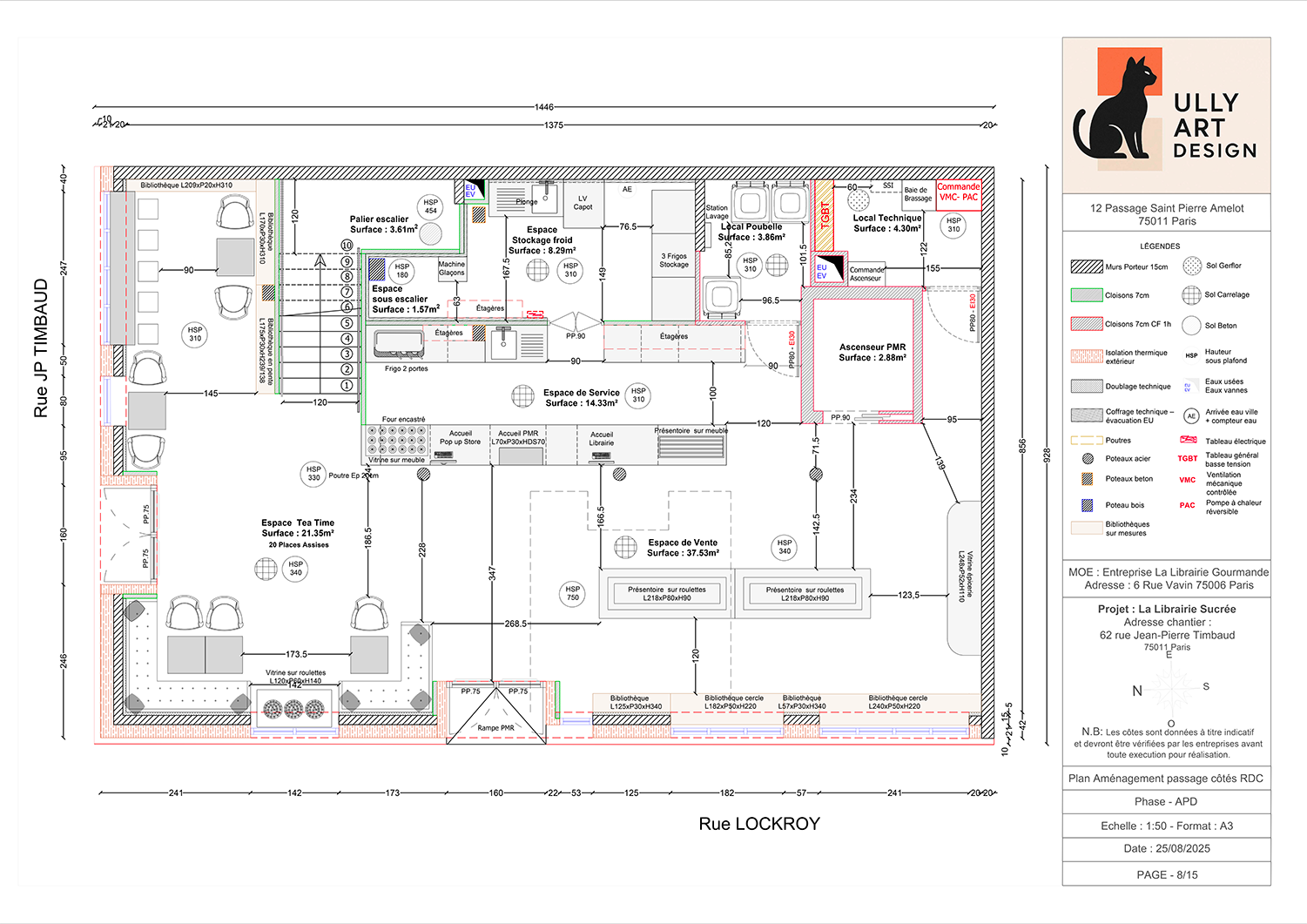 Plan architectural détaillé d'une librairie avec différentes zones telles que espace accueil, zone vente, espace technique, stockage, poubelles, escaliers, et diverses installations techniques, avec légendes explicatives à droite.