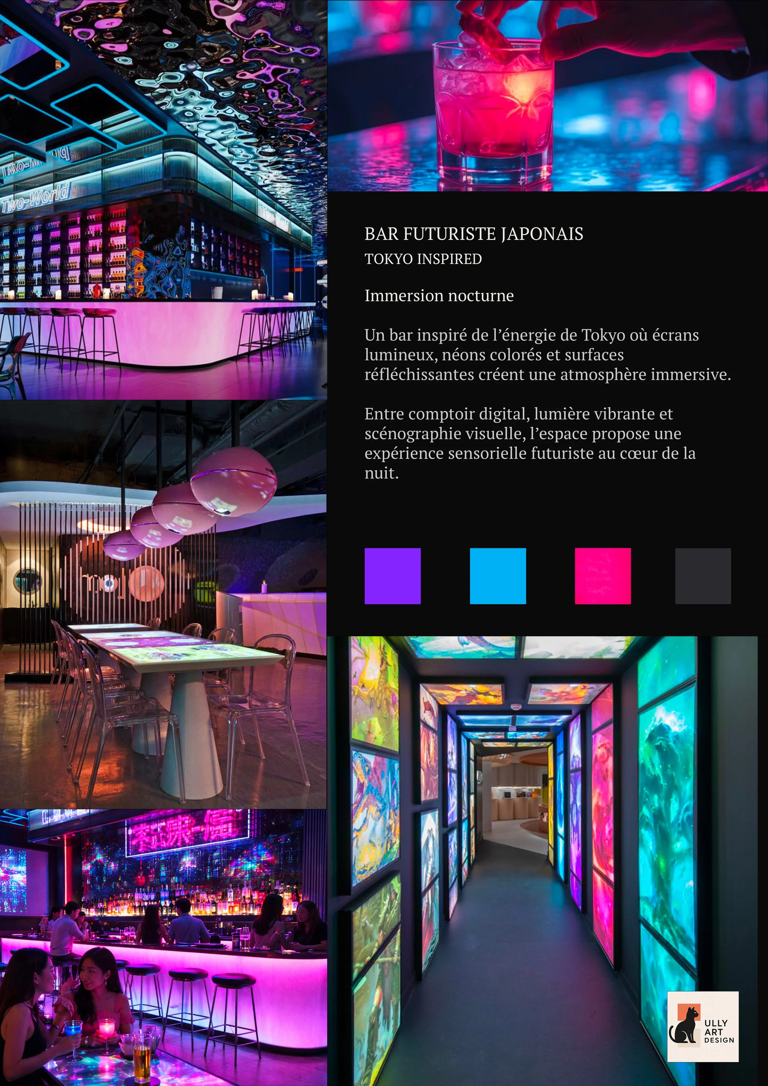 Un flyer promotionnel pour un bar futuriste japonais inspiré de Tokyo, avec des images de l'intérieur du bar mettant en évidence des éclairages néon colorés, des surfaces réfléchissantes, des espaces avec un comptoir digital, des tables et des murs ornés d'art lumineux et d'installations d'art technologiques.