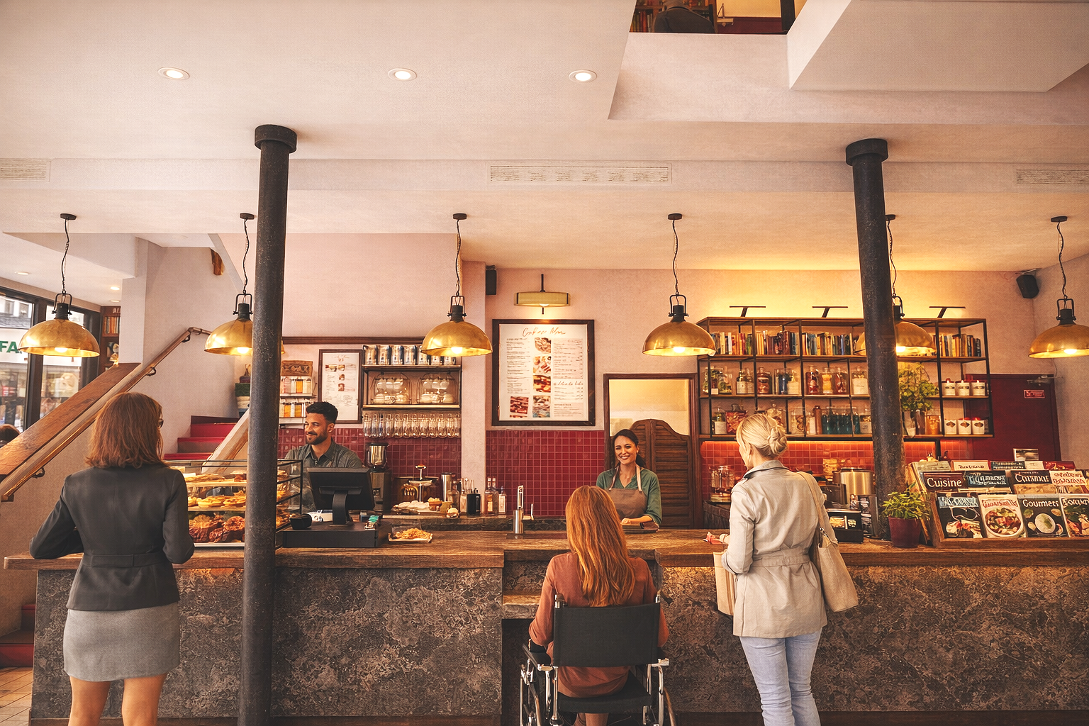 Intérieur d'un café avec des clients et un personnel derrière le comptoir, décor chaleureux, étagères avec des livres et bocaux, éclairage chaleureux.