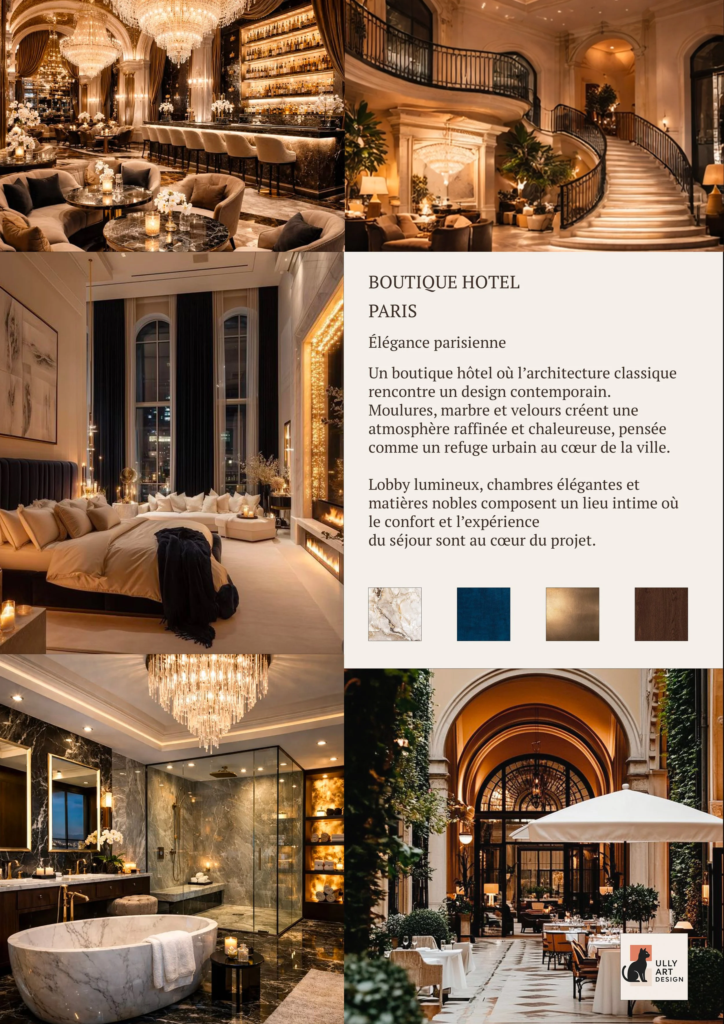 Intérieur d'hôtel à Paris avec un salon élégant, une chambre chaleureuse, une salle de bain luxueuse en marbre et un patio extérieur sophistiqué.