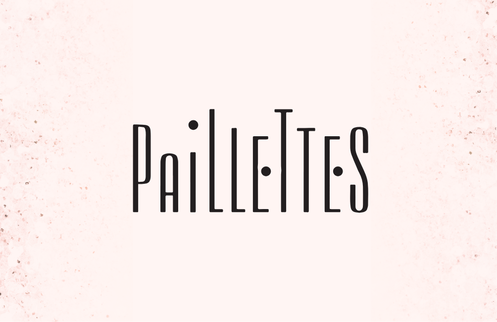 Logo avec le mot 'Paillettes' écrit en lettres noires sur un fond rose clair avec des éclats de couleur.