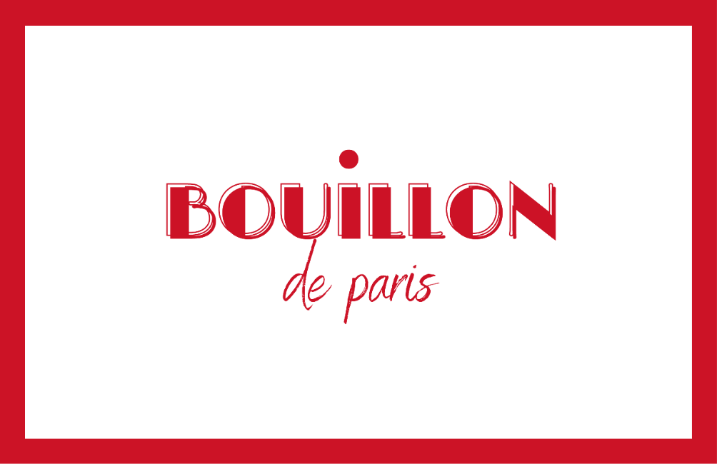 Logo avec le texte 'Bouillon de Paris' en rouge et blanc, encadré d'une bordure rouge.