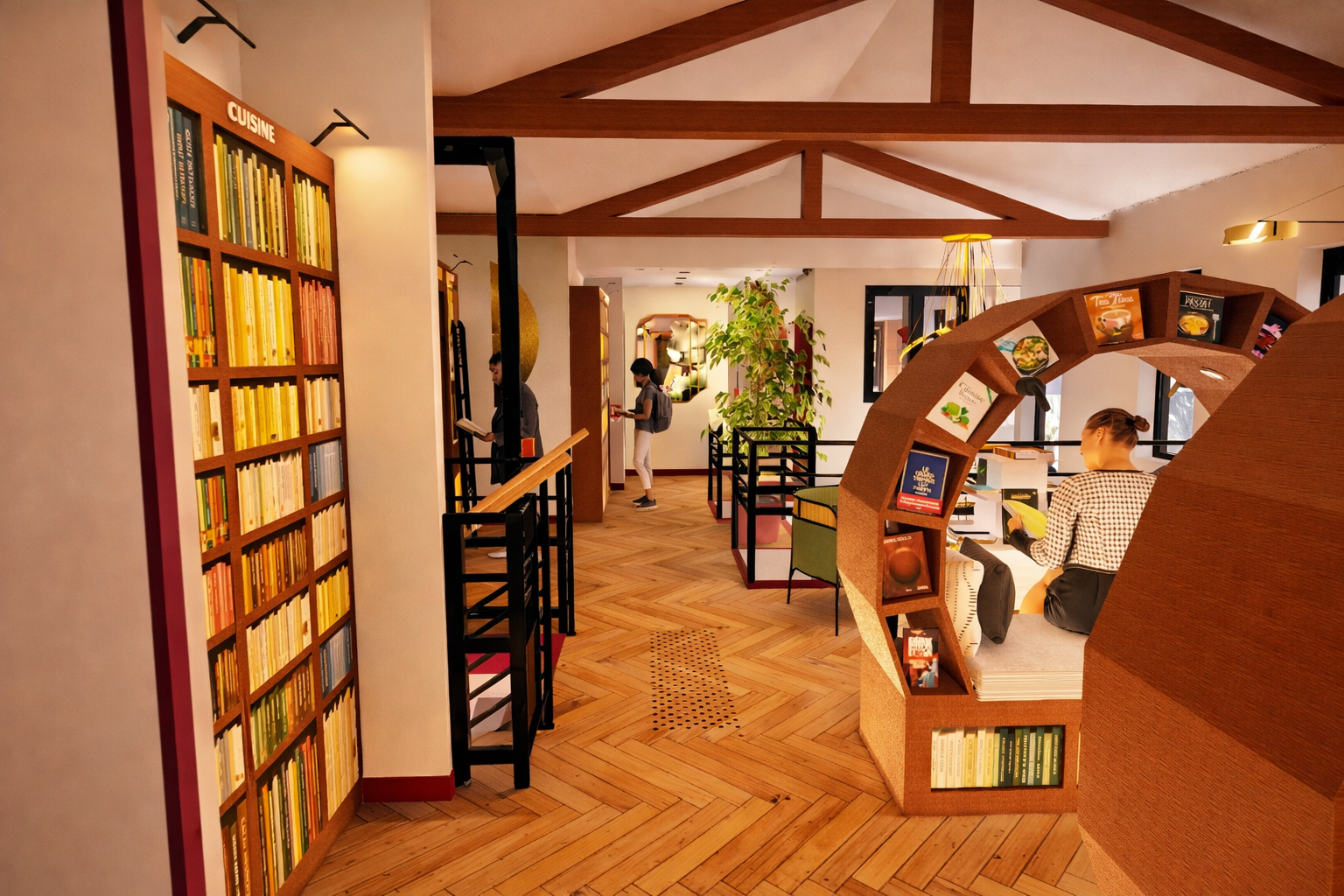 Intérieur d'une librairie ou bibliothèque chaleureuse et moderne avec des rayonnages en forme d'arche et en ligne, des livres visibles, des personnes lisant ou utilisant des liseuses, un plancher en bois, des plantes décoratives, et des fenêtres laissant passer de la lumière naturelle.