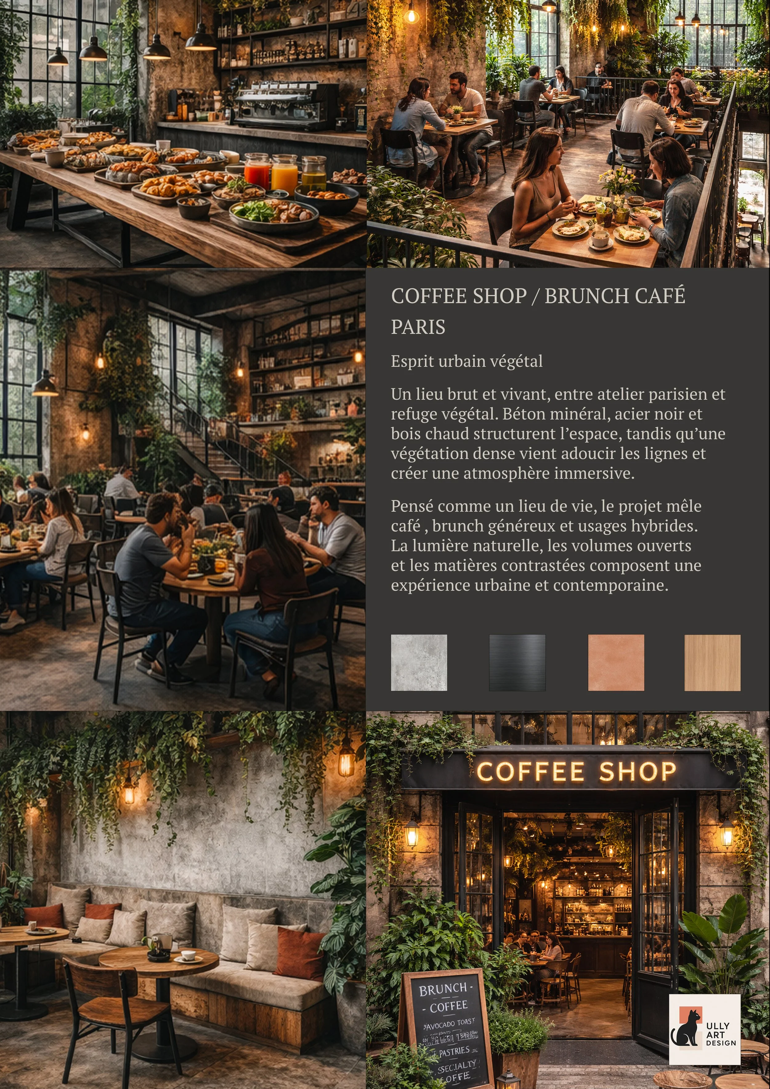 Une ambiance chaleureuse d'un café parisien avec des plantes, des éclairages tamisés, des clients dégustant des repas et du café, une zone avec un comptoir de service et un panneau lumineux 'COFFEE SHOP'.