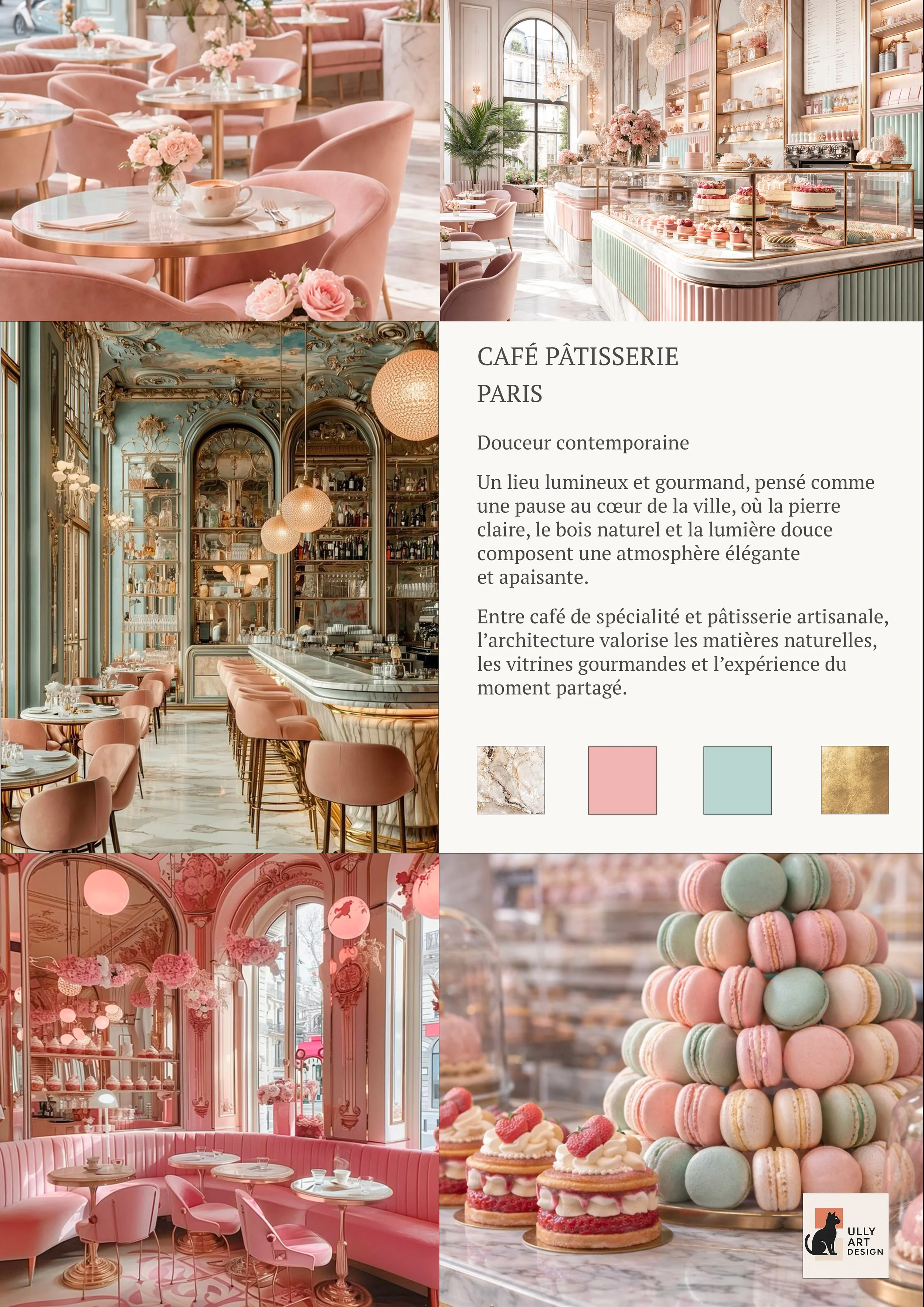 Collage de quatre images montrant un salon élégant, un comptoir de pâtisserie, un intérieur de café Parisien, et un assortiment de macarons et pâtisseries. La description textuelle évoque un café pâtisserie parisien à l'ambiance douce, décorée avec des matériaux naturels, dans un style contemporain et glamour.