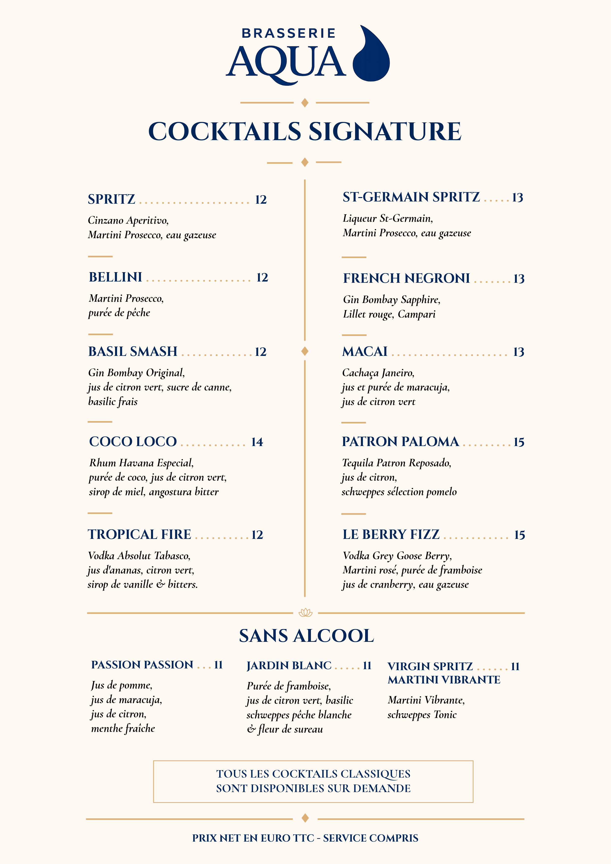 Menu de cocktails signature au verre avec différentes boissons listées et leurs descriptions, sans alcool, dans un style élégant.