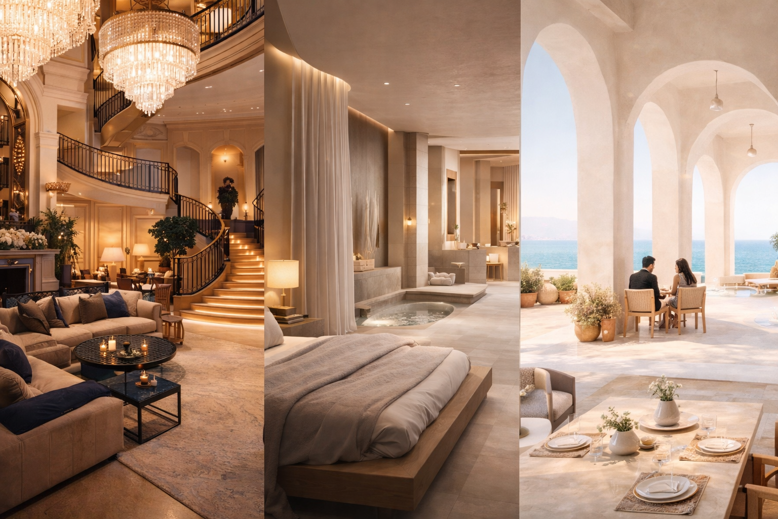 Intérieur d'un hôtel de luxe avec un salon élégant, une chambre avec jacuzzi, et une terrasse avec vue sur la mer où deux personnes discutent.