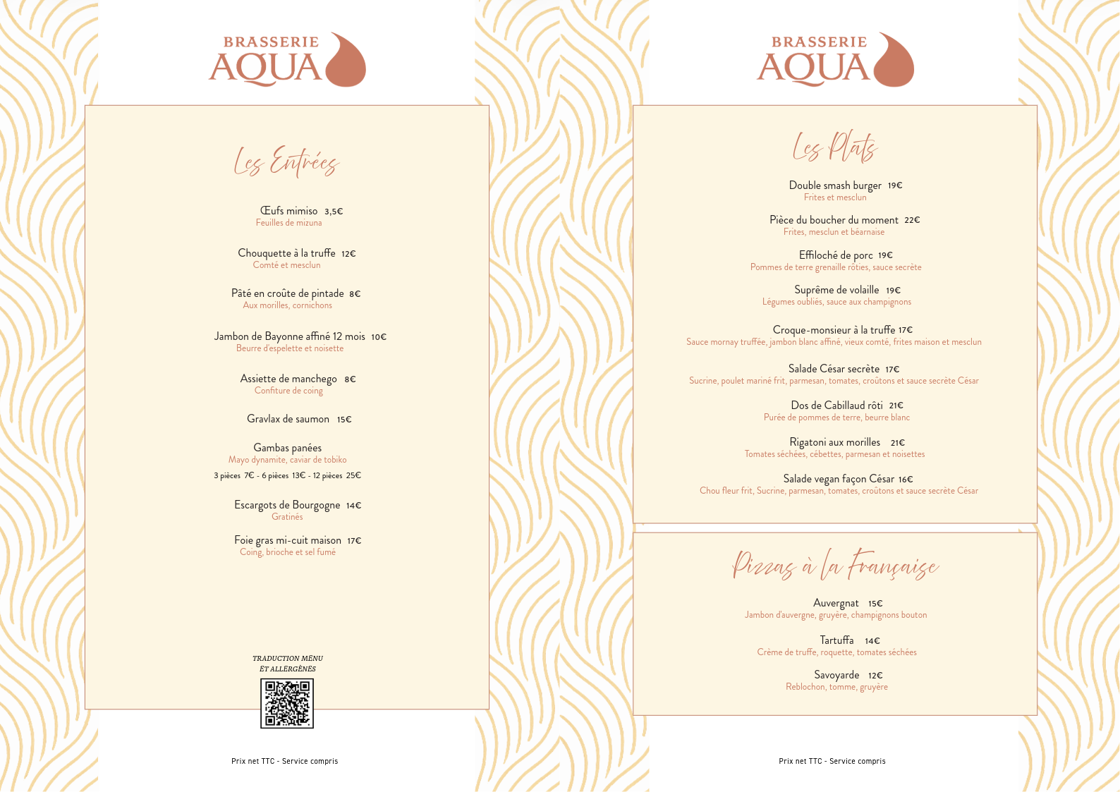 Menu de restaurant avec sections pour entrées, plats, et pizzas à la française. Les entrées incluent œufs mimosa, quiche à la truffe, pâté en croûte, jambon de Bayonne, assiette de manchago, gravlax de saumon, gambas panées, escargots de Bourgogne, foie gras mi-cuit. Les plats proposent un double smash burger, pièce du boucher, effiloché de porc, suprême de volaille, croque-monsieur à la truffe, salade César, dos de cabillaud, rigatoni aux morilles, et salade vegan façon César. Les pizzas incluent l'auvergnat, la tartuffa, et la savoyarde.