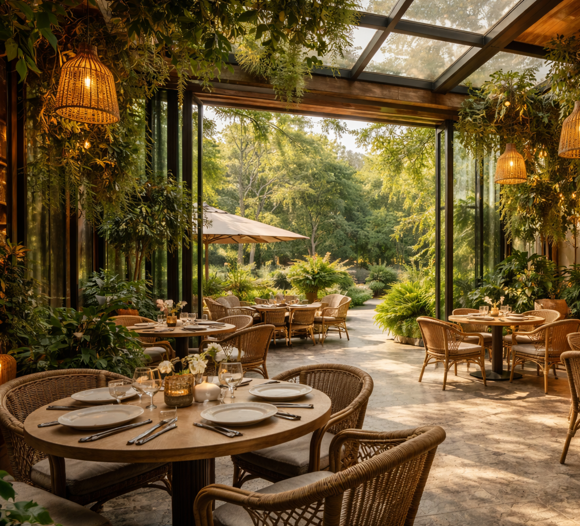 Intérieur d'un restaurant avec un mobilier en rotin, des tables dressées avec de la vaisselle, entouré de végétation et de grandes fenêtres donnant sur un espace extérieur verdoyant.