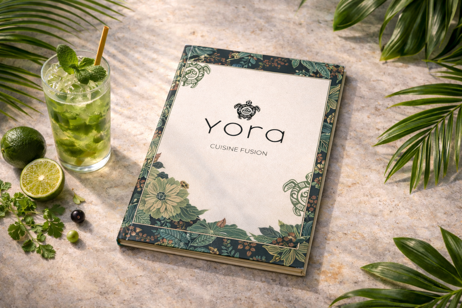 Livre de cuisine intitulé "Yora" avec décoration florale, un mojito à la menthe, un citron vert coupé, et des feuilles de plantes tropicales sur une table en pierre.
