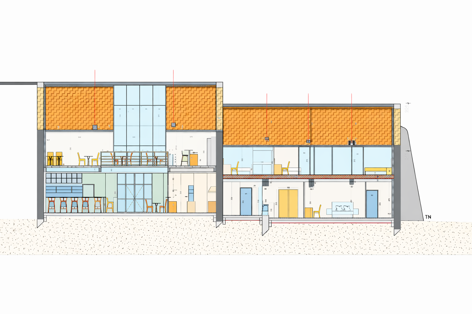 Section transversale d'un bâtiment moderne avec plusieurs étages, comprenant des espaces de travail, une zone de restauration, et des espaces de vie, avec un toit en tuiles orange et une façade en verre.