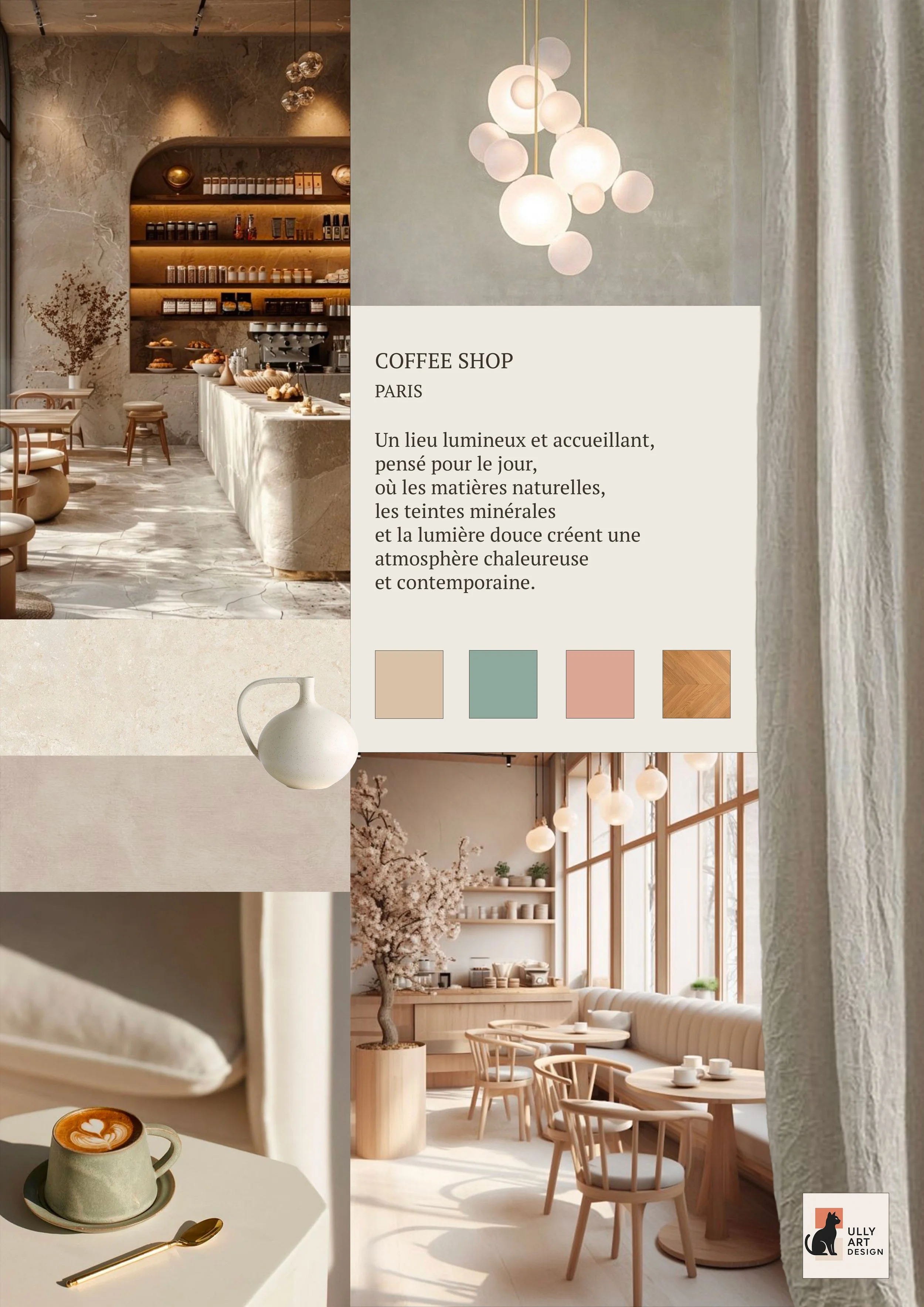 Une image d'un salon de café moderne et lumineux avec un éclairage suspendu ronde et un décor épuré. Il y a aussi une tasse de café avec du latte art et une décoration florale.