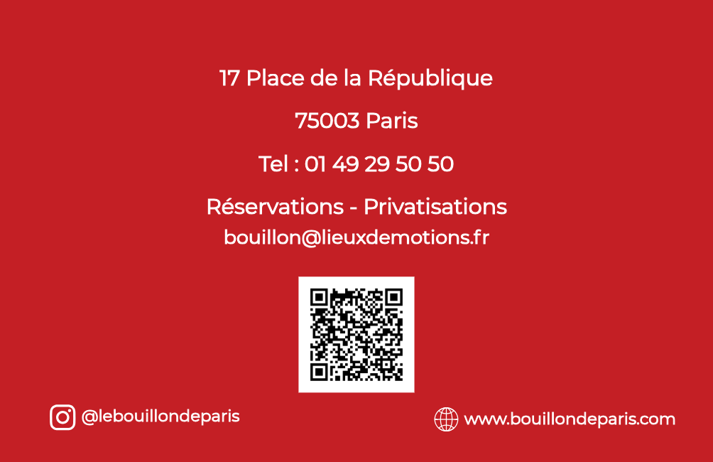 Carte de visite de couleur rouge avec des informations de contact en blanc, incluant une adresse, un numéro de téléphone, une adresse e-mail, un QR code, et les réseaux sociaux et site internet en bas.