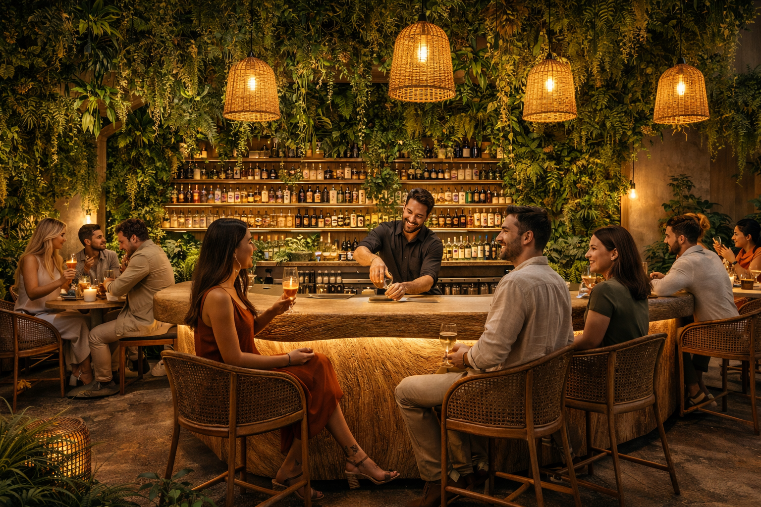 Des personnes souriantes et en train de boire dans un bar cosy avec un décor végétal, des étagères remplies de bouteilles, et un éclairage chaud.