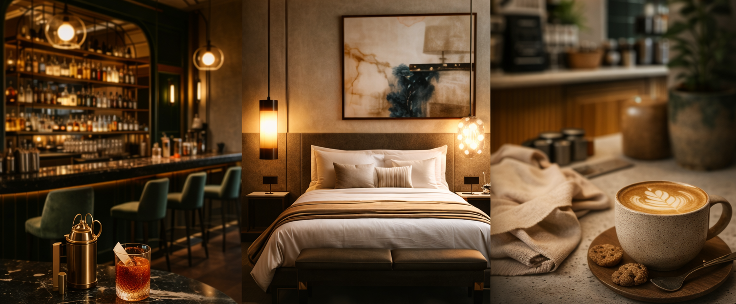 Photo composite de trois images intérieures : un bar élégant avec des tabourets et un éclairage chaleureux, une chambre moderne avec un lit bien fait et une œuvre d'art abstraite au-dessus, et une table avec un cappuccino latte art, des cookies, et des arrangements floraux.