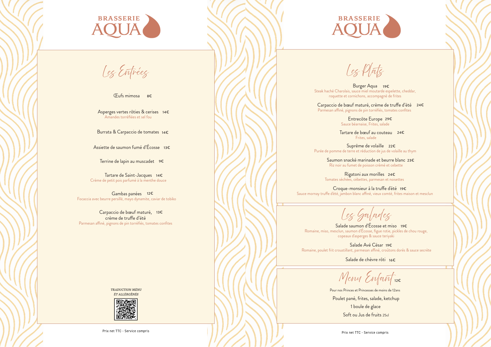 Menu de restaurant de brasserie avec sections pour les entrées, plats, salades, menu enfant et prix. Logo 'Aqua' en haut, design élégant avec motifs ondulés beige et blanc.