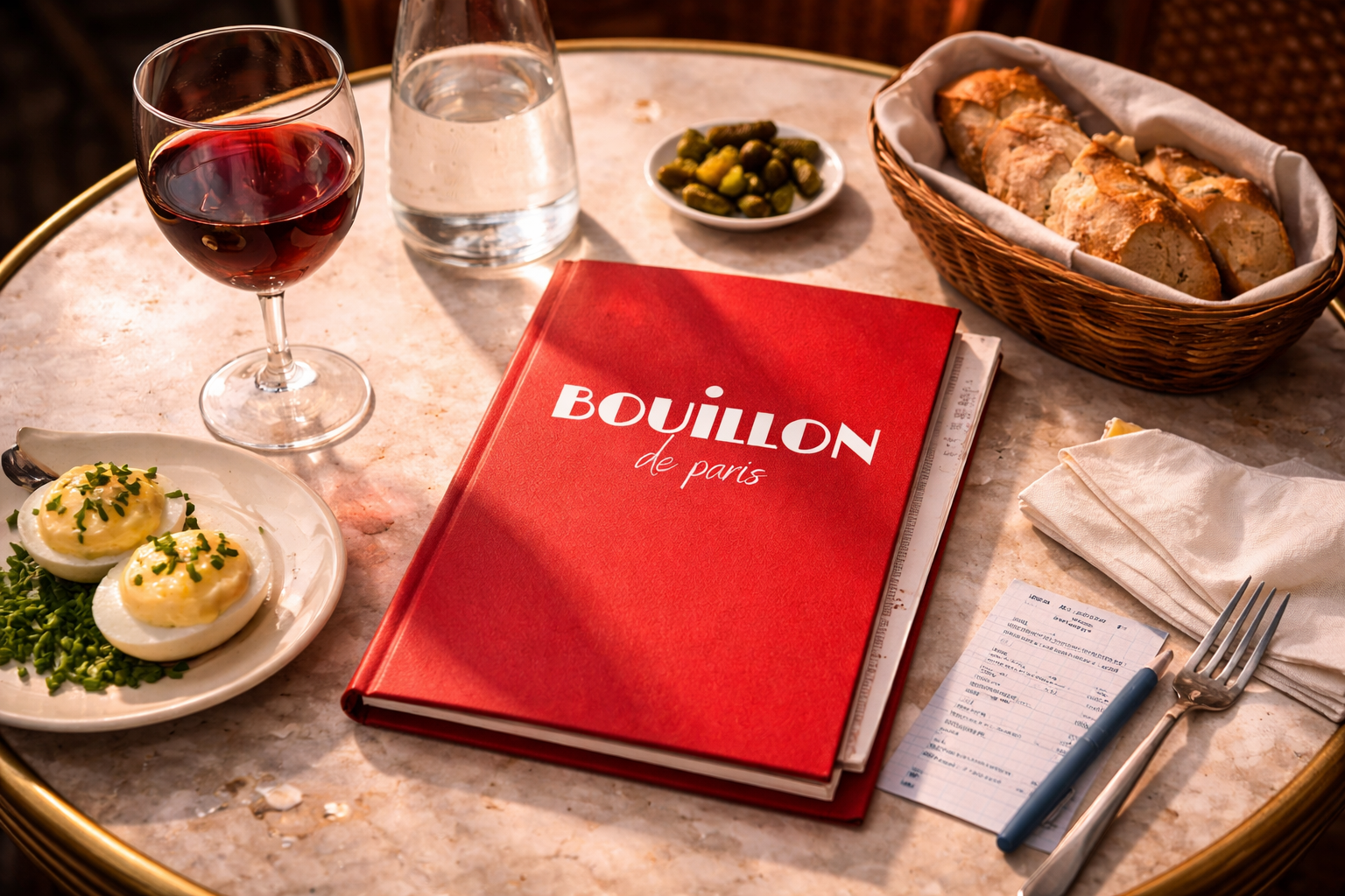 Menu de restaurant 'Bouillon de Paris' sur une table avec un verre de vin rouge, une assiette de œufs mimosa, un panier de pain, une petite assiette de cornichons, un verre d'eau, une nappe en papier, une fourchette, un stylo et un reçu.