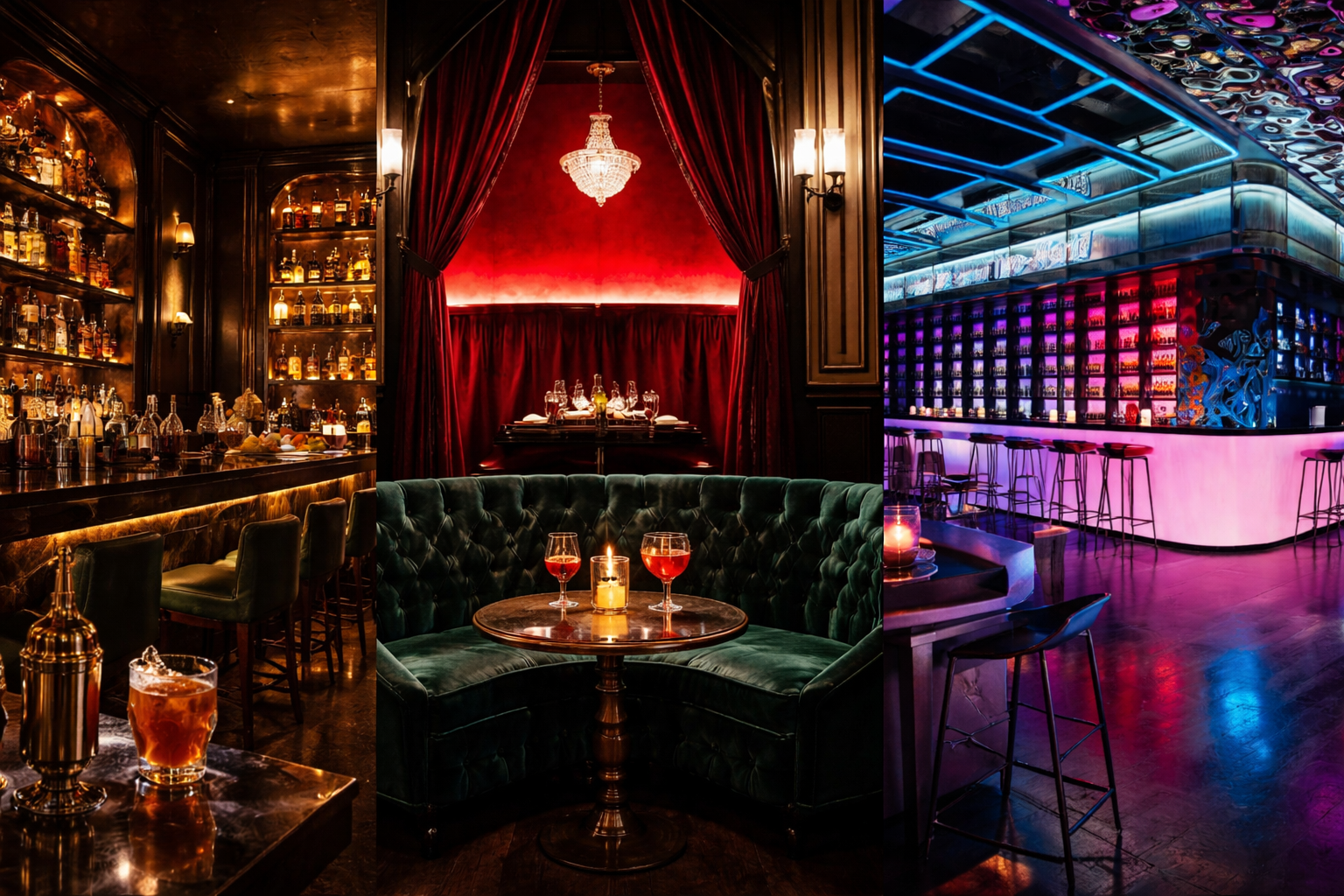 Deux sections de bar avec des éclairages colorés, bouteilles d'alcool et tables avec boissons dans un décor élégant et moderne.