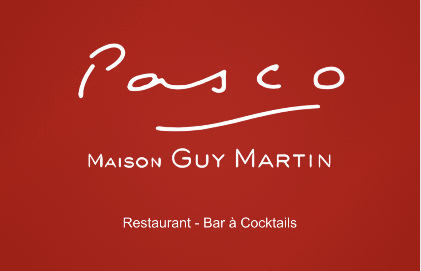 Logo rouge foncé avec le texte blanc 'Pasco', 'Maison Guy Martin' et 'Restaurant - Bar à Cocktails'