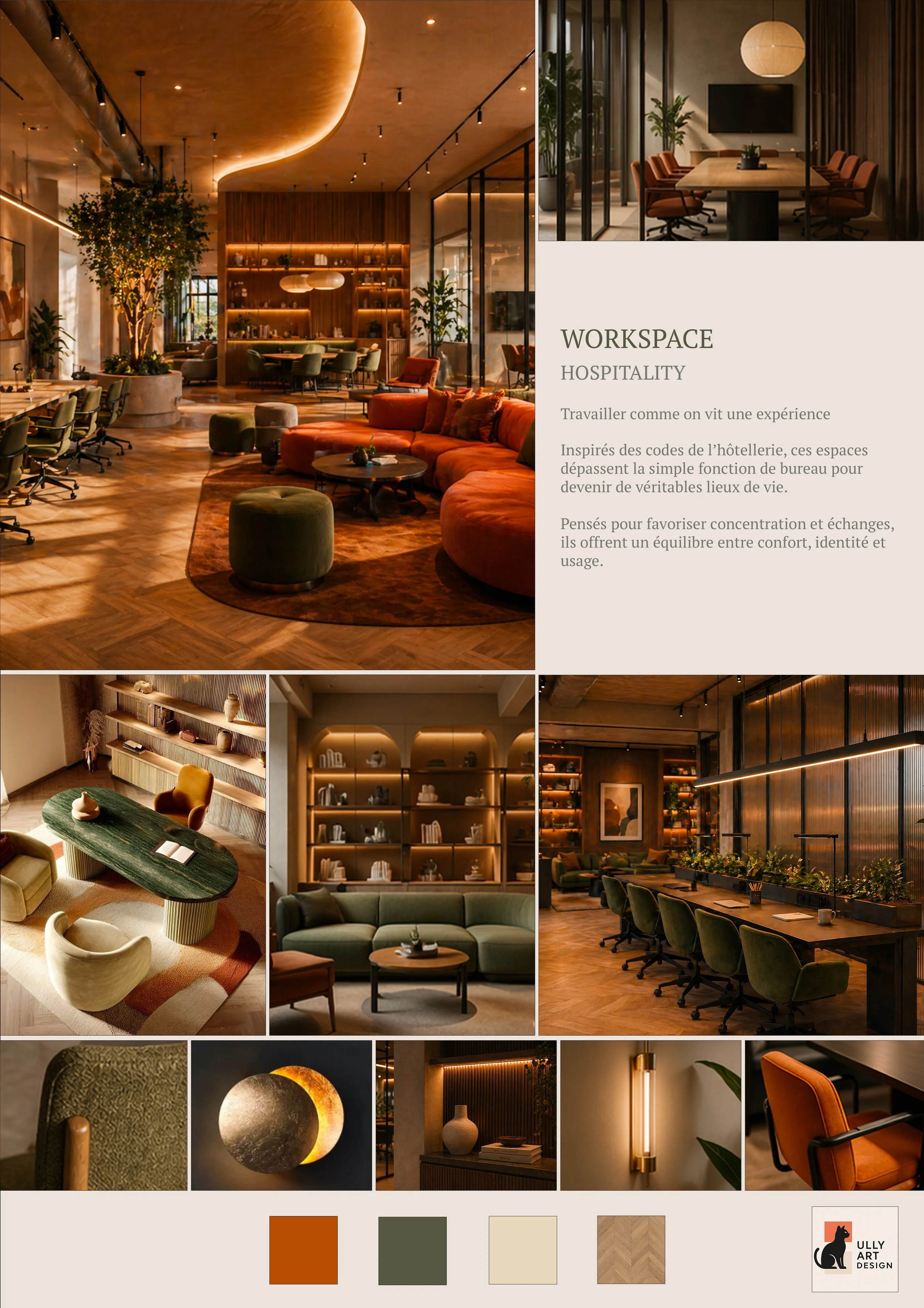 Décoration intérieure d'un espace de coworking ou bureau avec mobilier moderne, utilisation de tons chauds, mobilier en tissus verts et orange, étagères en bois avec objets décoratifs, espace lumineux et accueillant avec plantes et éclairage doux.