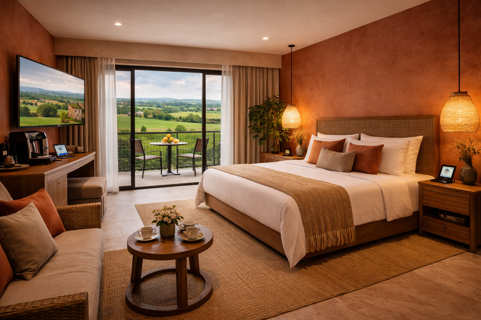 Chambre d'hôtel avec grand lit, décoration chaleureuse, vue sur campagne depuis la terrasse