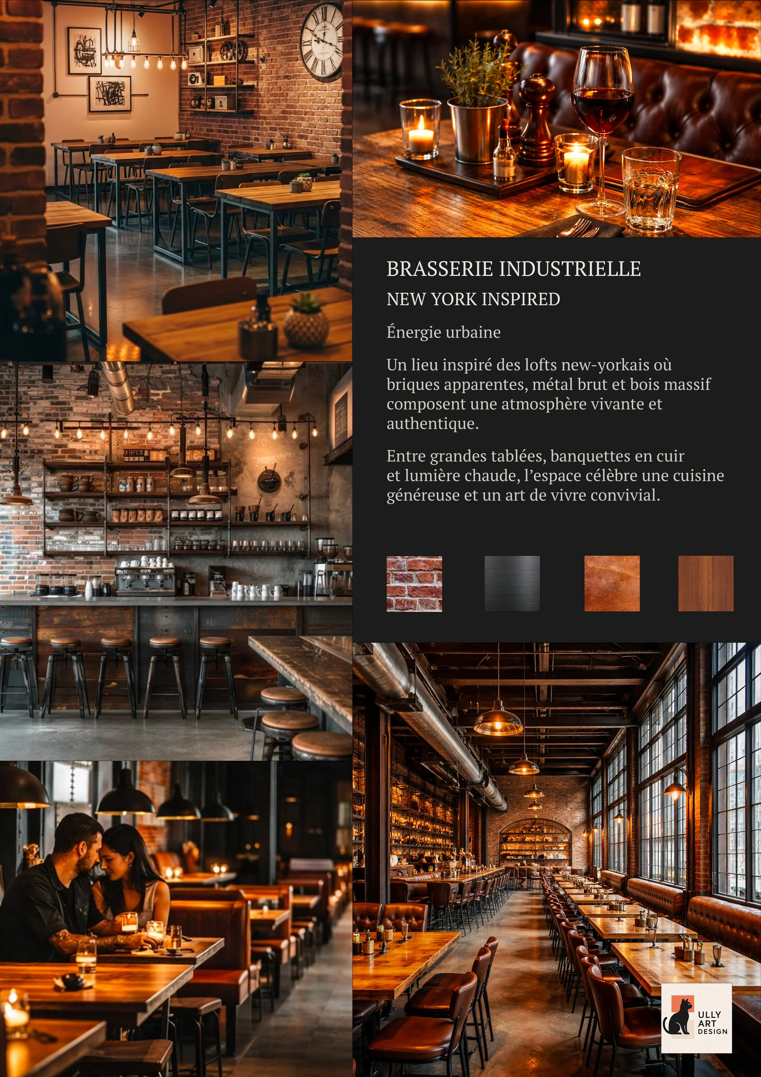 Collage de photos d'une brasserie industrielle avec des structures en briques apparentes, un bar en bois, des tables en bois, une décoration chaleureuse avec des lumières suspendues, des bougies, et des clients partageant un repas dans une ambiance conviviale.