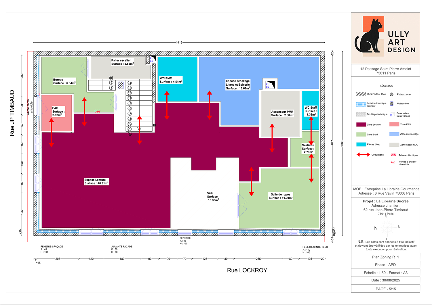 Plan d'aménagement intérieur d'une librairie avec zones marquées pour la lecture, stockage, espace pour les employés et sanitaires. Inclut les légendes pour les couleurs et symboles.
