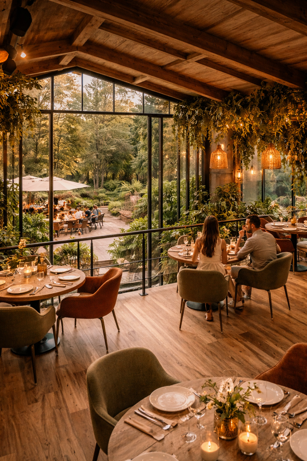 Intérieur d'un restaurant avec une grande fenêtre offrant une vue sur un jardin extérieur avec des tables et des parasols, ambiance chaleureuse avec éclairage tamisé, fleurs et plantes décoratives, deux personnes assises à une table discutant.