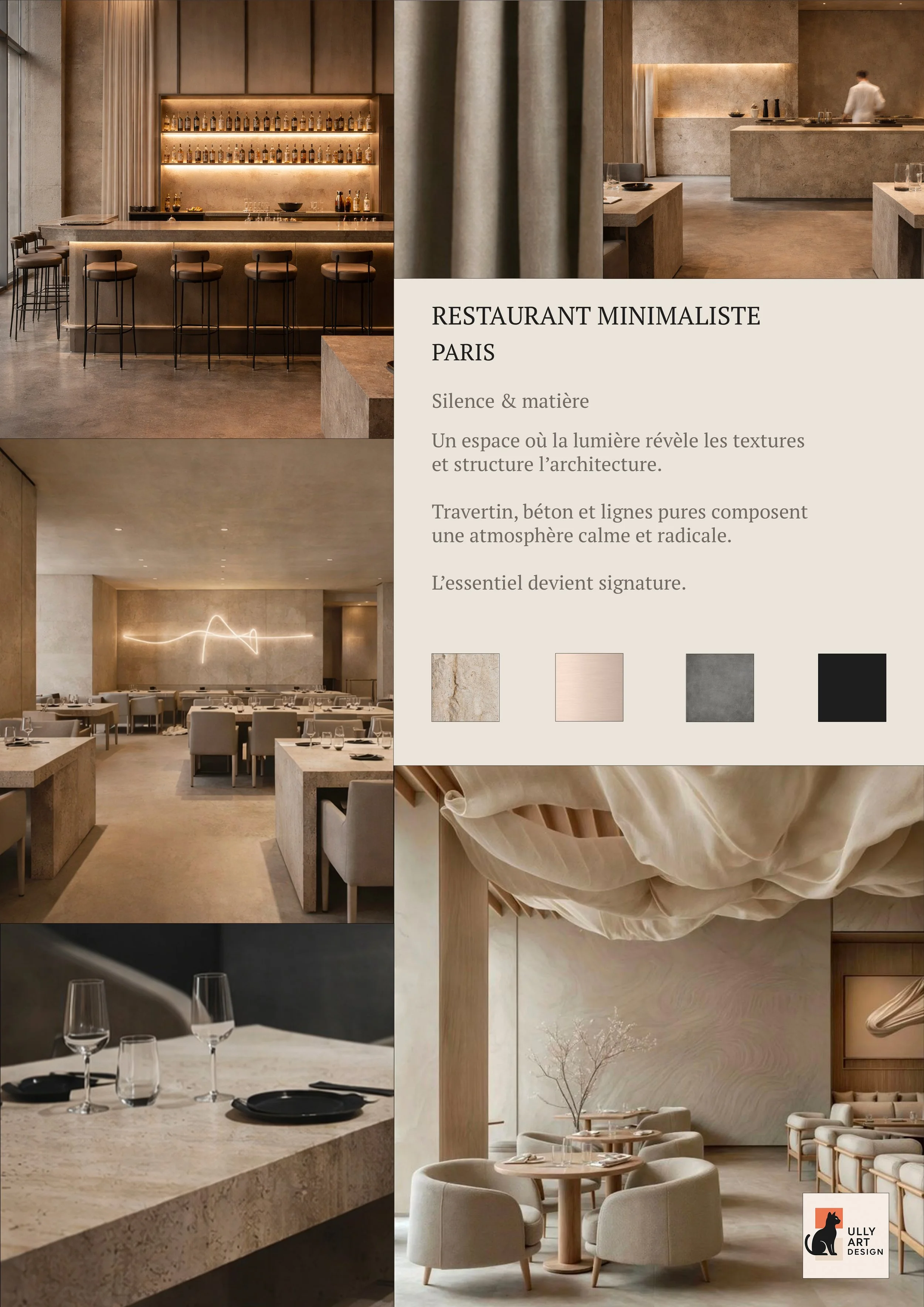 Présentation visuelle d'un restaurant minimaliste à Paris avec un intérieur épuré et des textures naturelles, notamment en travertin, béton et lignes pures, créant une atmosphère calme et radicale.