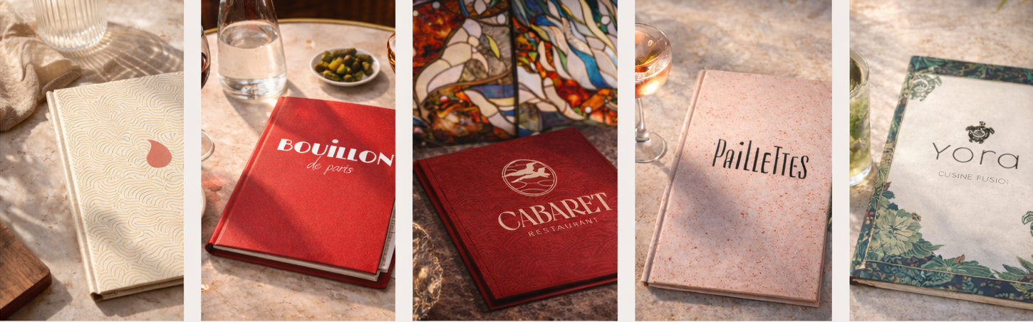 Cinq menus de restaurants posés sur une table en marbre. Les menus portent différents noms et designs.