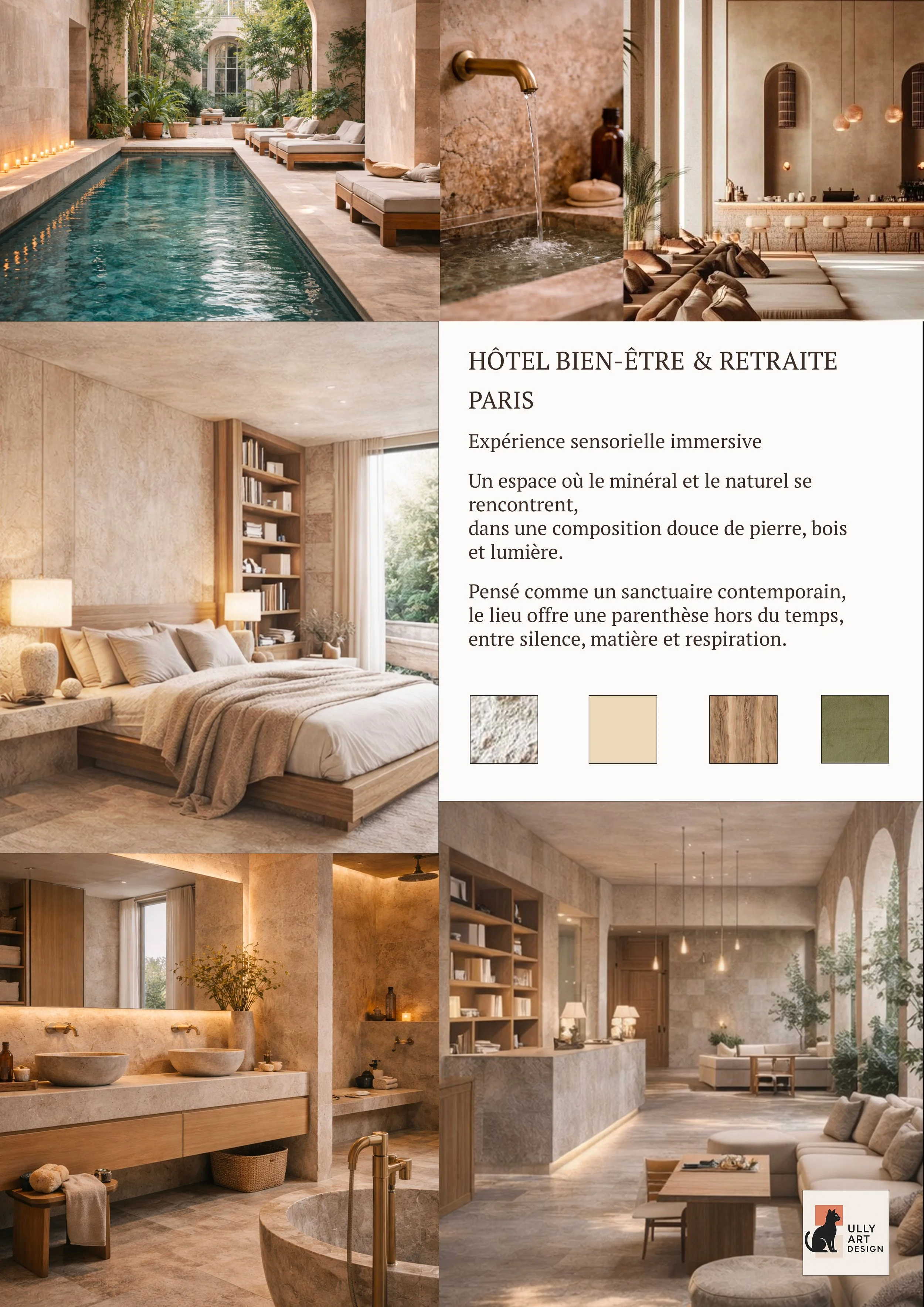 Un collage de plusieurs images d'un hôtel de style moderne et naturel avec piscine intérieure, chambre douce et lumineuse, salle de bains avec lavabos en pierre et espaces de détente accueillants à Paris, mettant en avant un design épuré avec des matériaux naturels et des couleurs neutres.