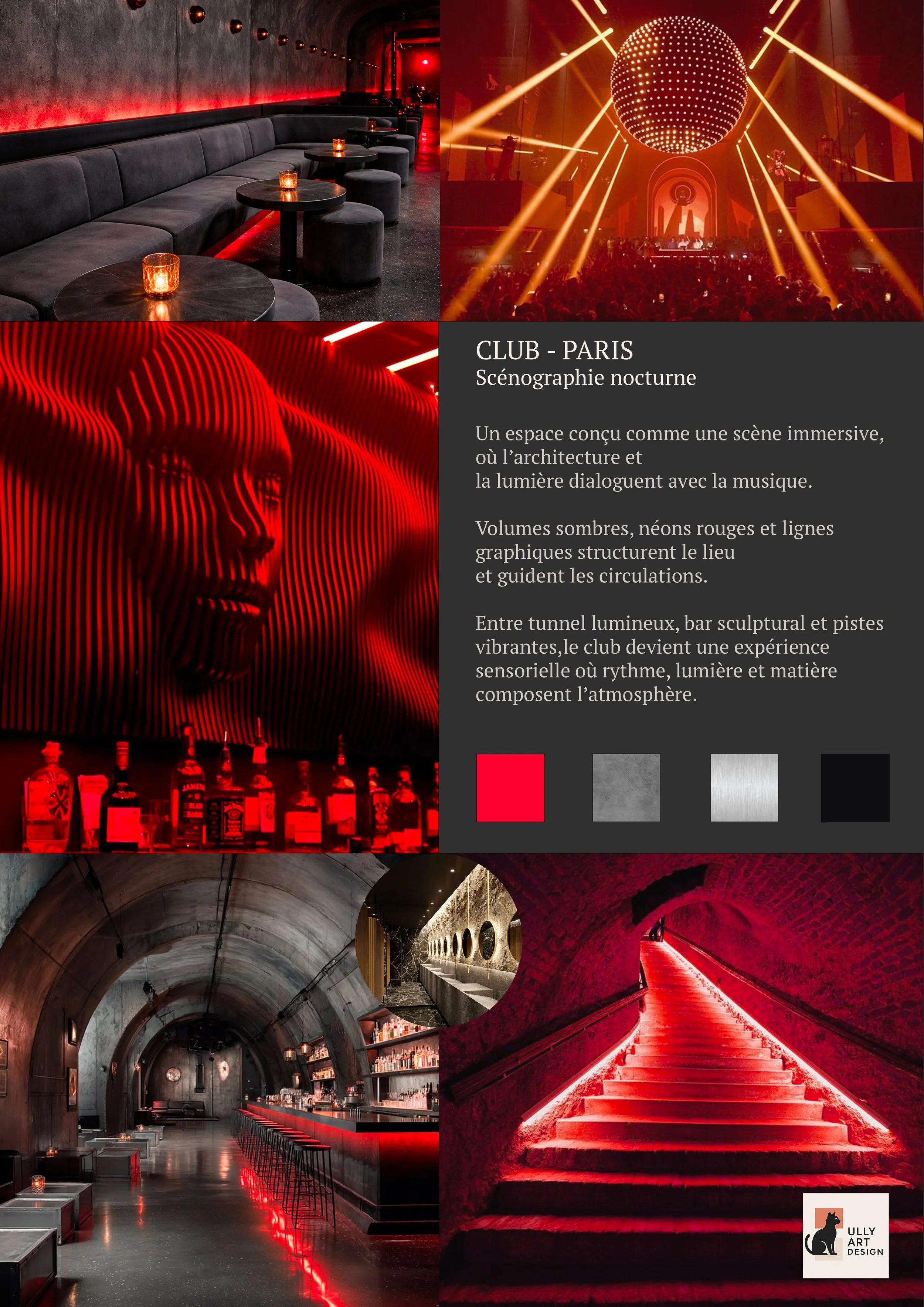Un espace nocturne de club à Paris avec un design immersif, utilisant des volumes sombres, des néons rouges et des lignes graphiques pour créer une ambiance sensorielle dynamique avec une scène principale, un bar, un tunnel lumineux et un escalier éclairé en rouge.