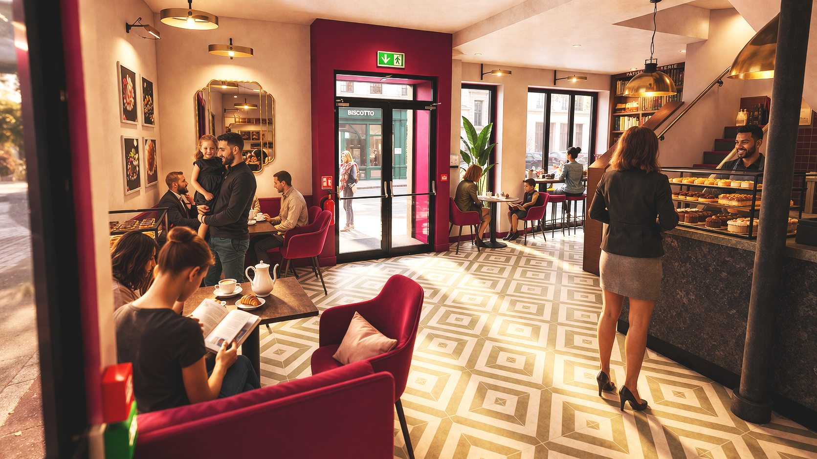 Intérieur d’un café ou salon de thé avec plusieurs clients, une serveuse et un comptoir de pâtisseries.
