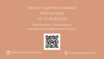 Informations de contact pour le restaurant aquaré, avec adresse, téléphone, email et QR code, fond orange clair.