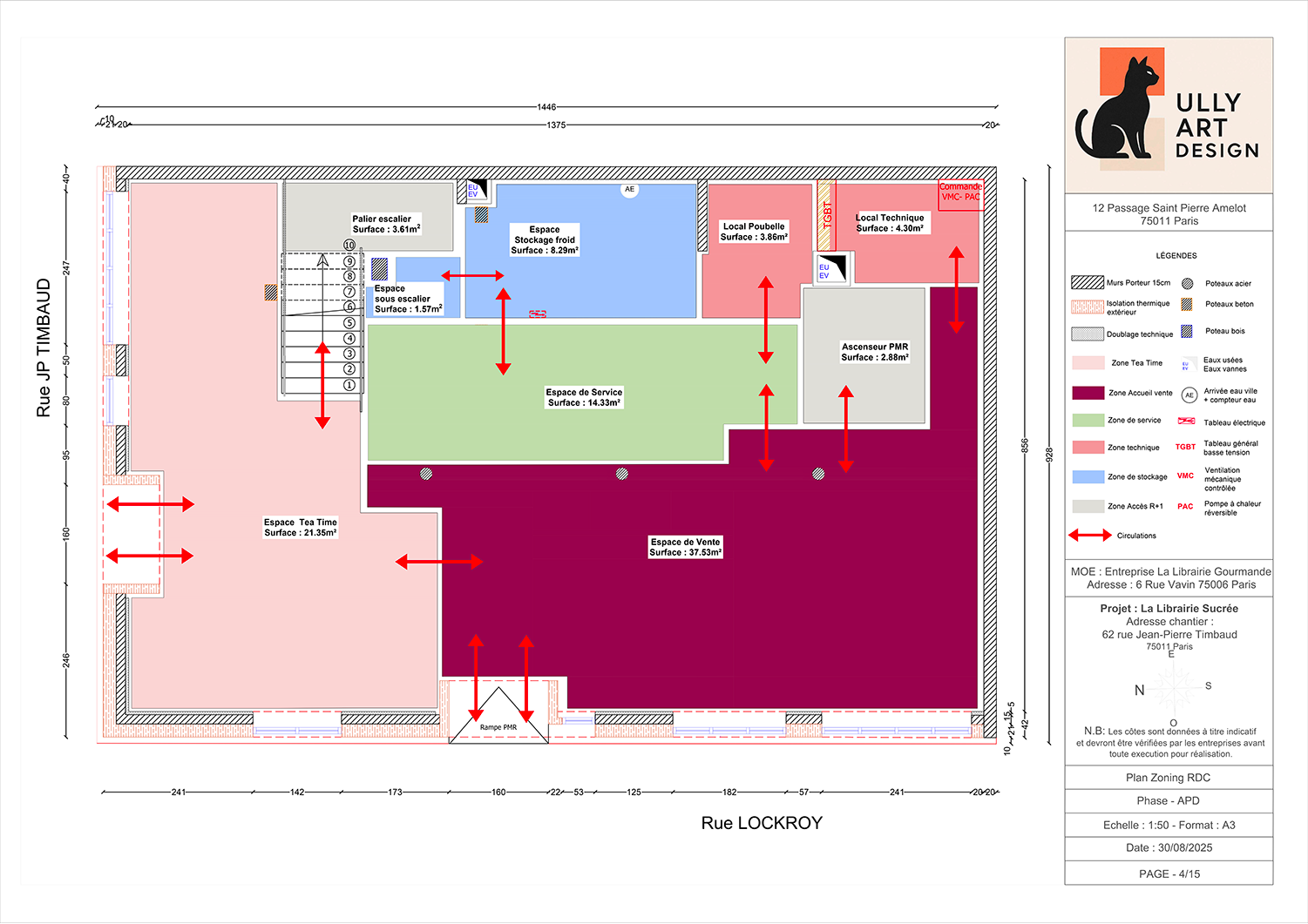 Plan architectural d'une librairie avec différentes zones colorées, légendes, flèches rouges indiquant la circulation, et un logo de chat noir et blanc en haut à droite.