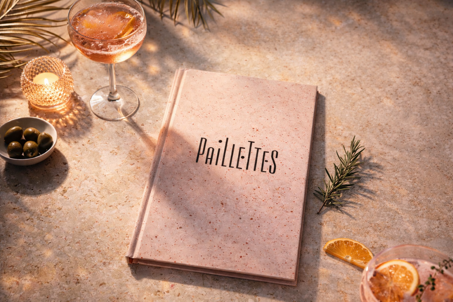 Un livre intitulé 'Paillettes' posé sur une surface en pierre avec un verre de cocktail, des olives en bol, une branche de romarin, une tranche d'orange et une bougie