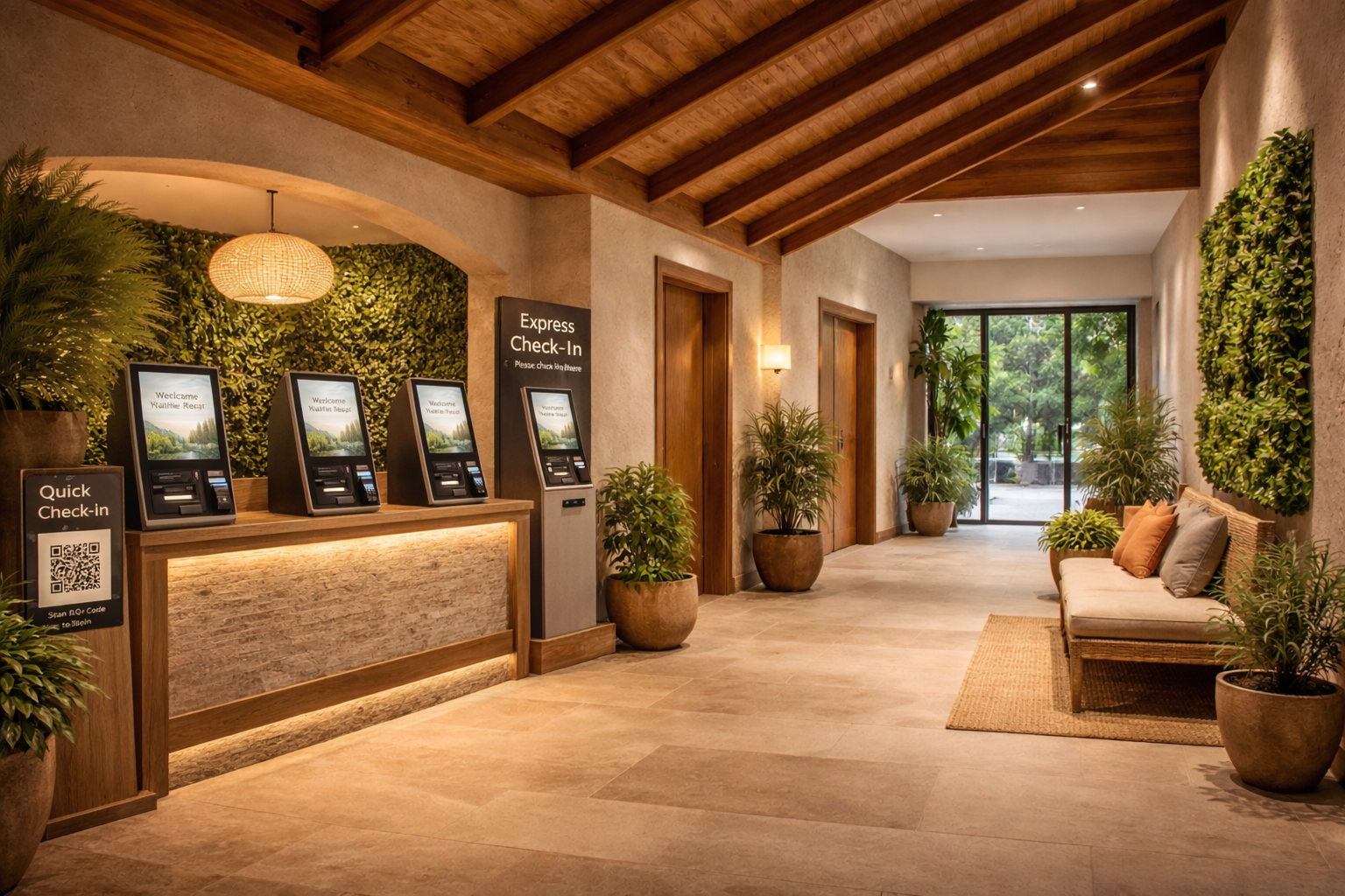Salle de réception d'hôtel avec comptoir de check-in digital, végétation intérieure, et fauteuils avec coussins près de la porte d'entrée en verre.